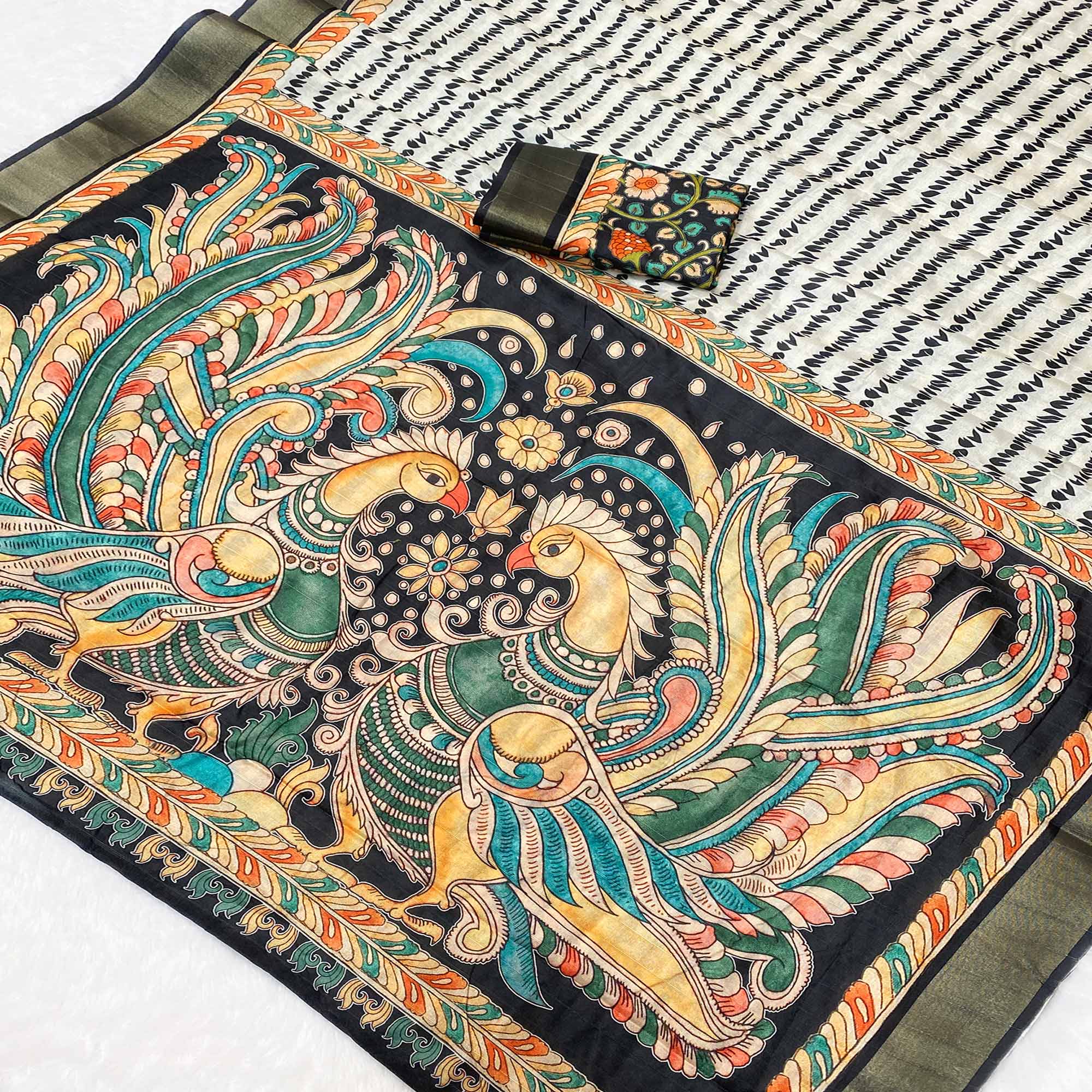 White Tusser Art Silk Saree Embellished With Peacock Print & Zari Border Work