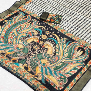 White Tusser Art Silk Saree Embellished With Peacock Print & Zari Border Work