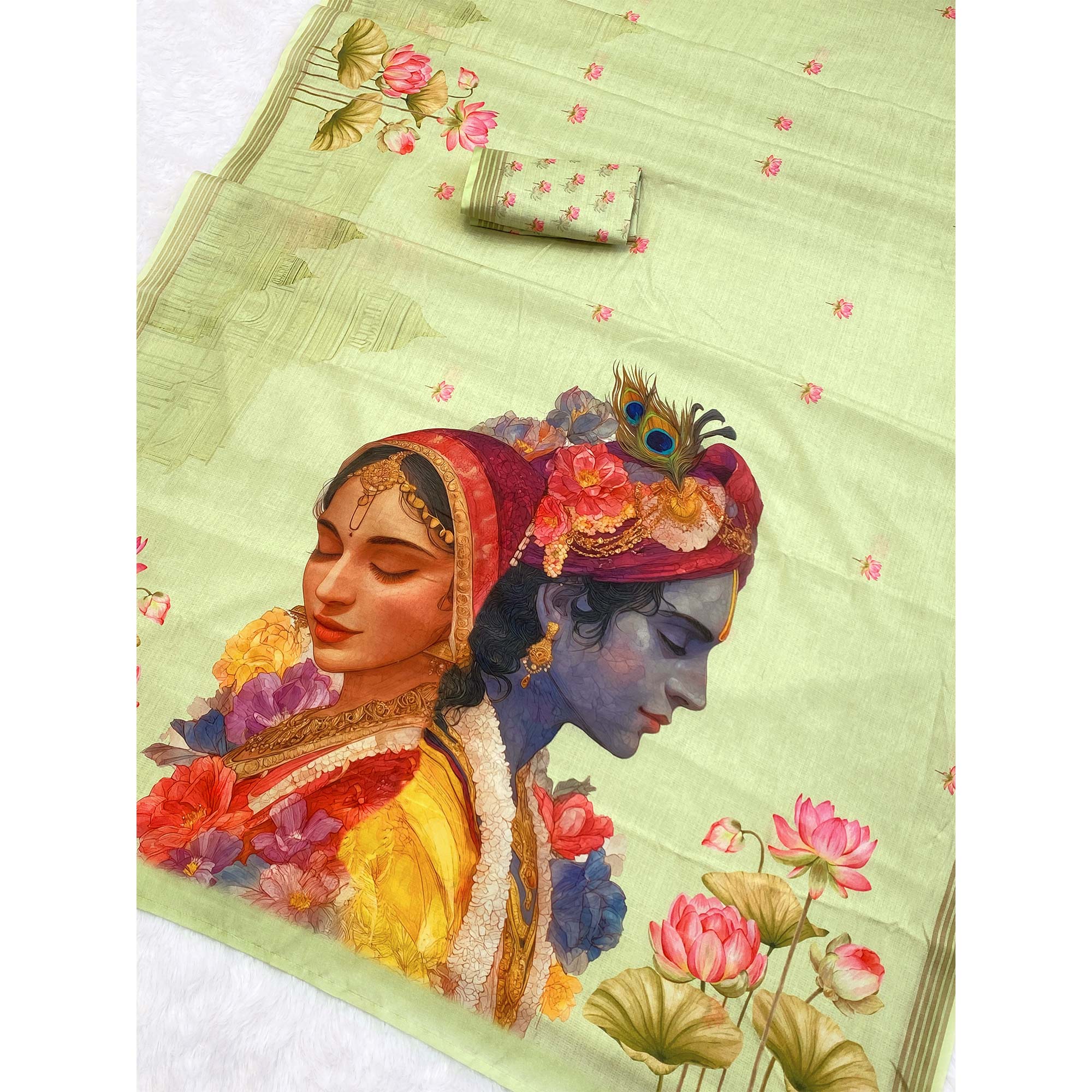 Green Cotton Blend Tusser Saree Adorned With Radha Krishna & Floral Print With Zari Border