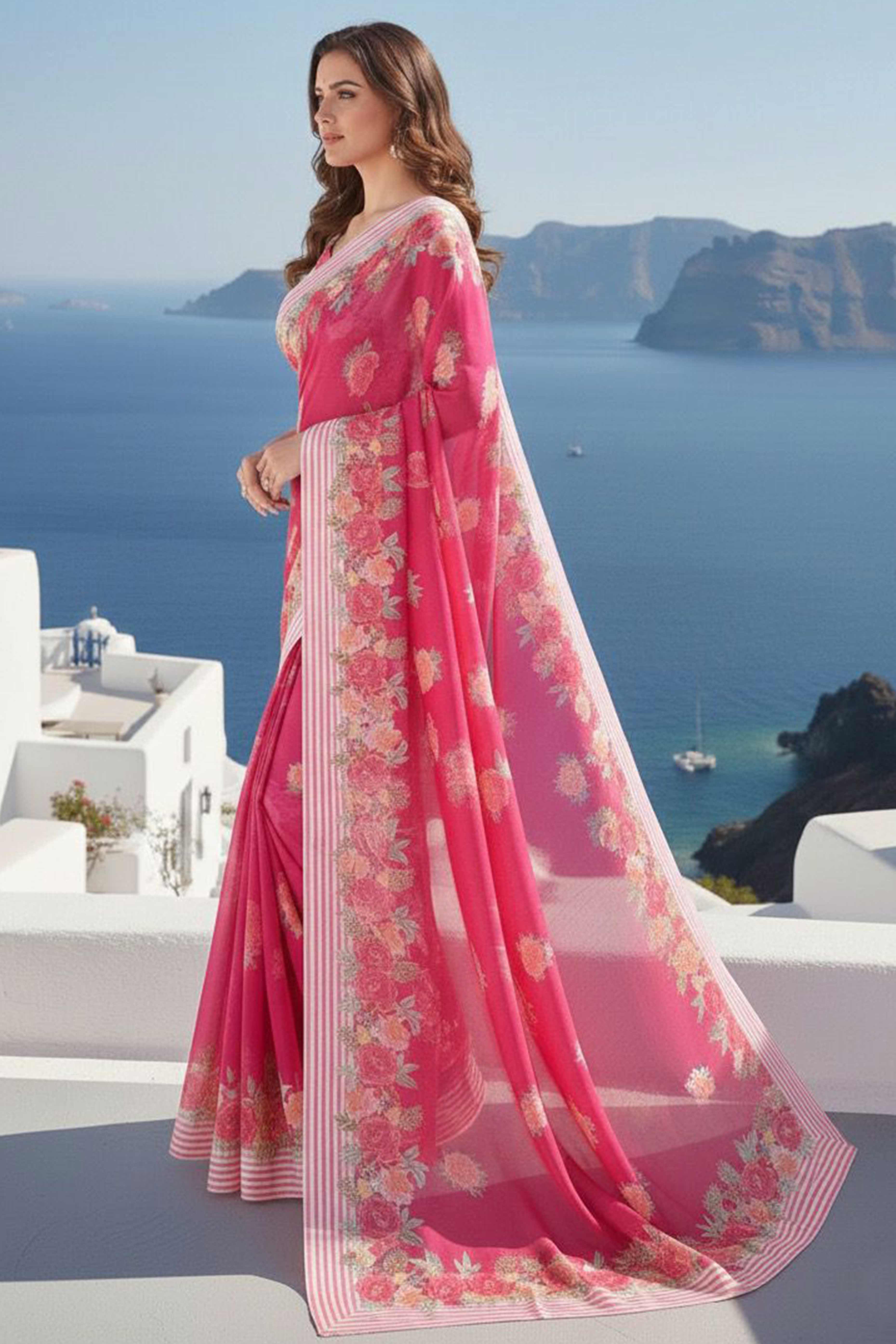 Vibrant Rani Pink Georgette Saree Adorned with Floral Digital Print & Satin Border