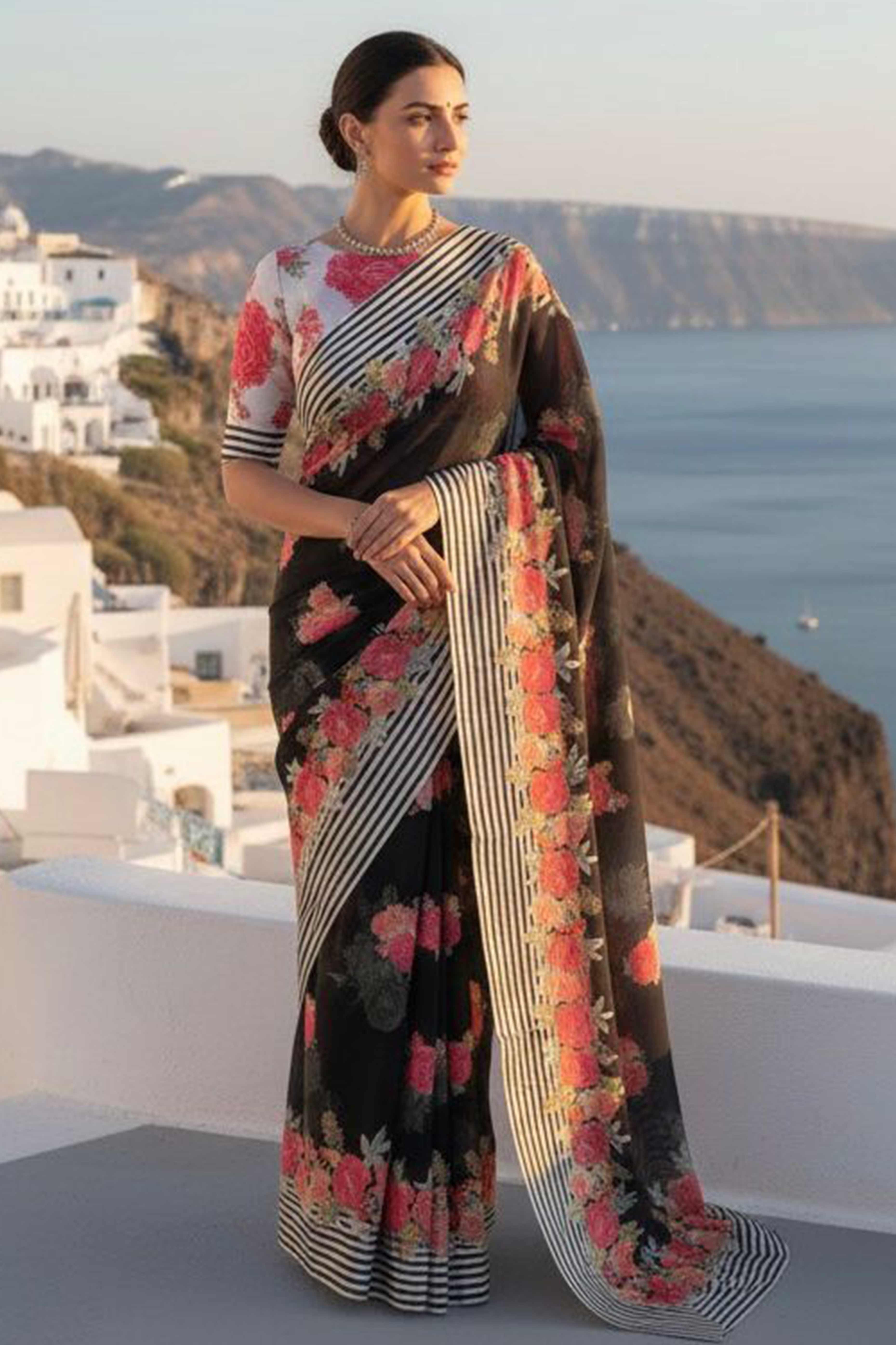 Vibrant Black Georgette Saree Adorned with Floral Digital Print & Satin Border