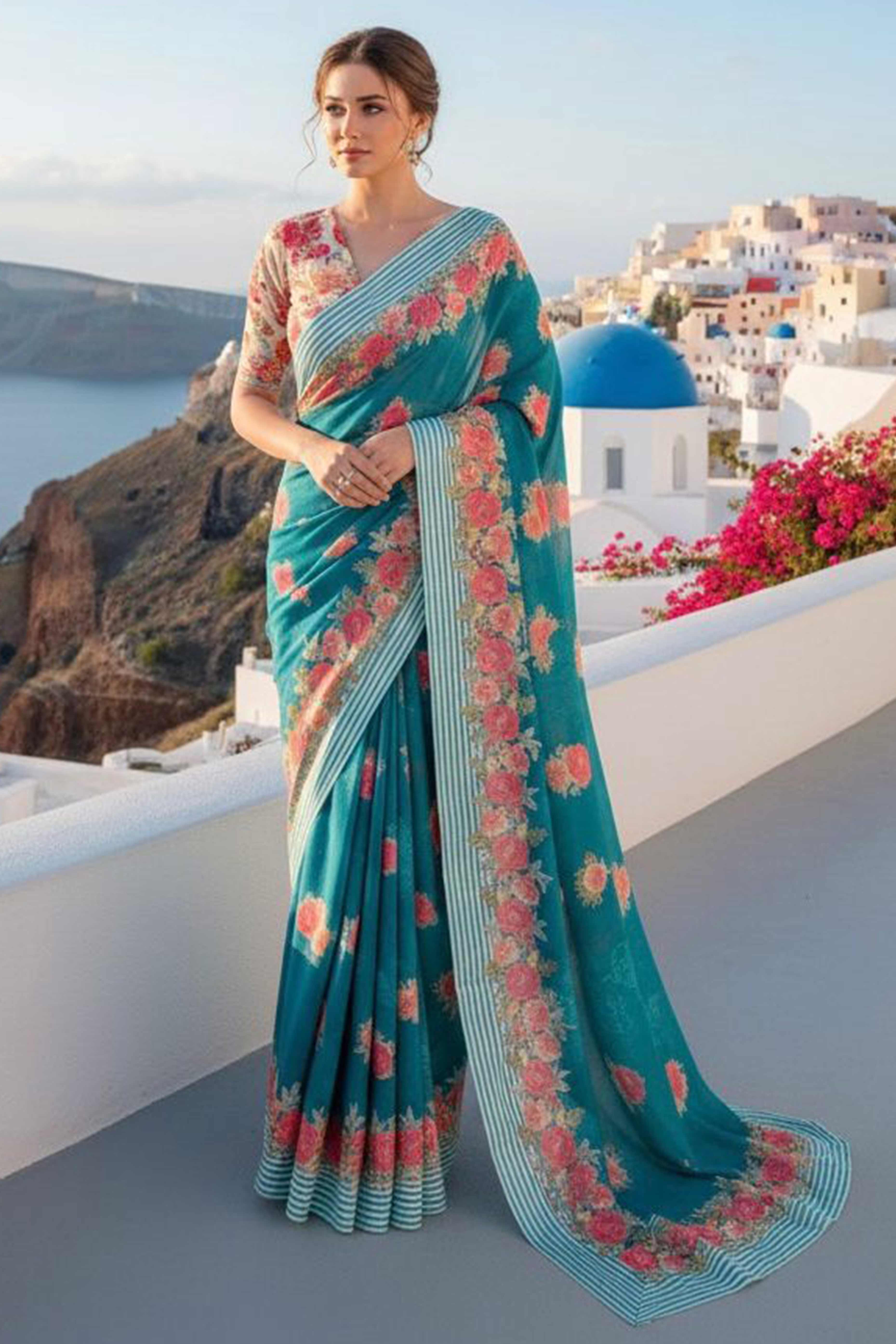 Vibrant Teal Georgette Saree Adorned with Floral Digital Print & Satin Border