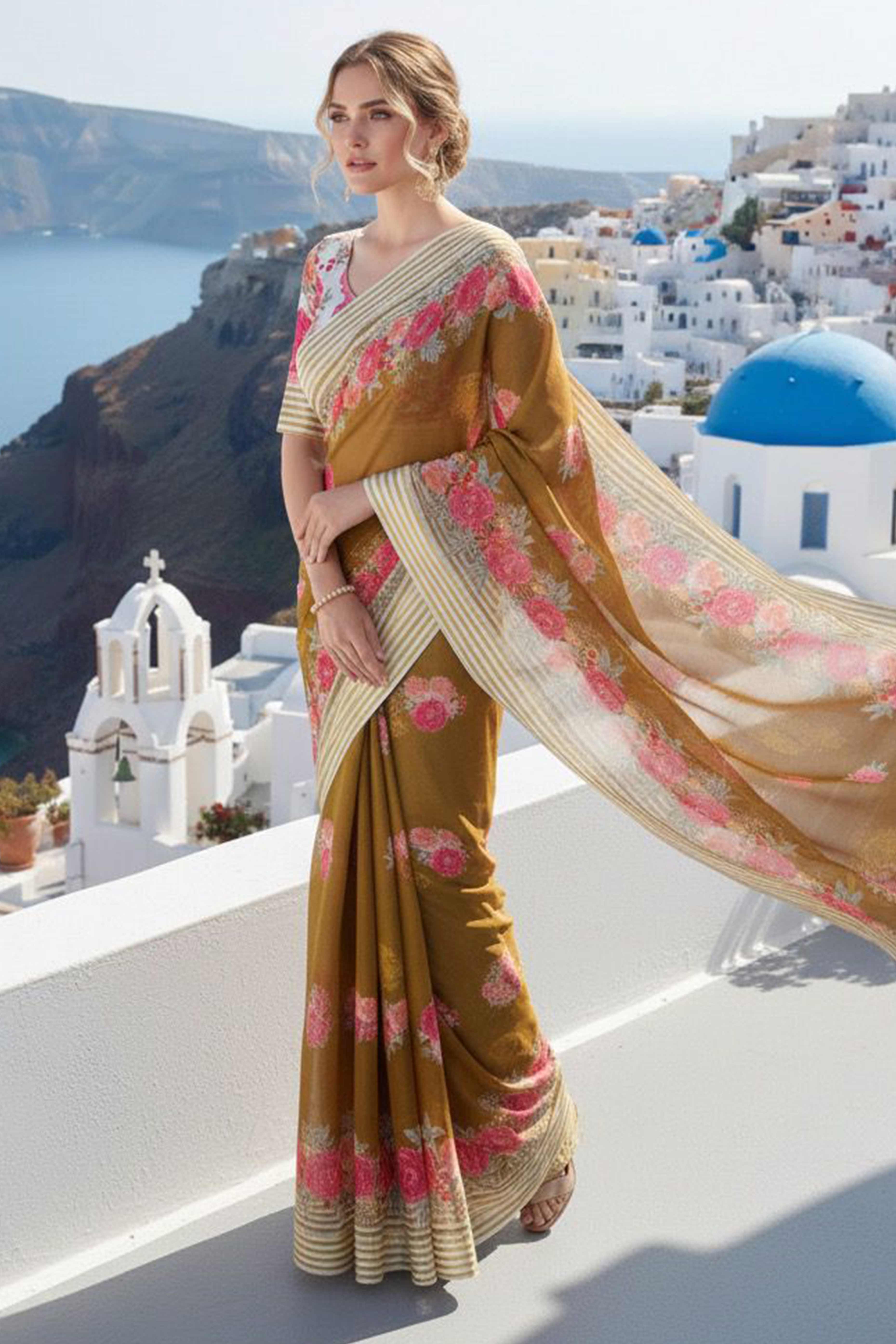 Vibrant Dark Mustard Georgette Saree Adorned with Floral Digital Print & Satin Border