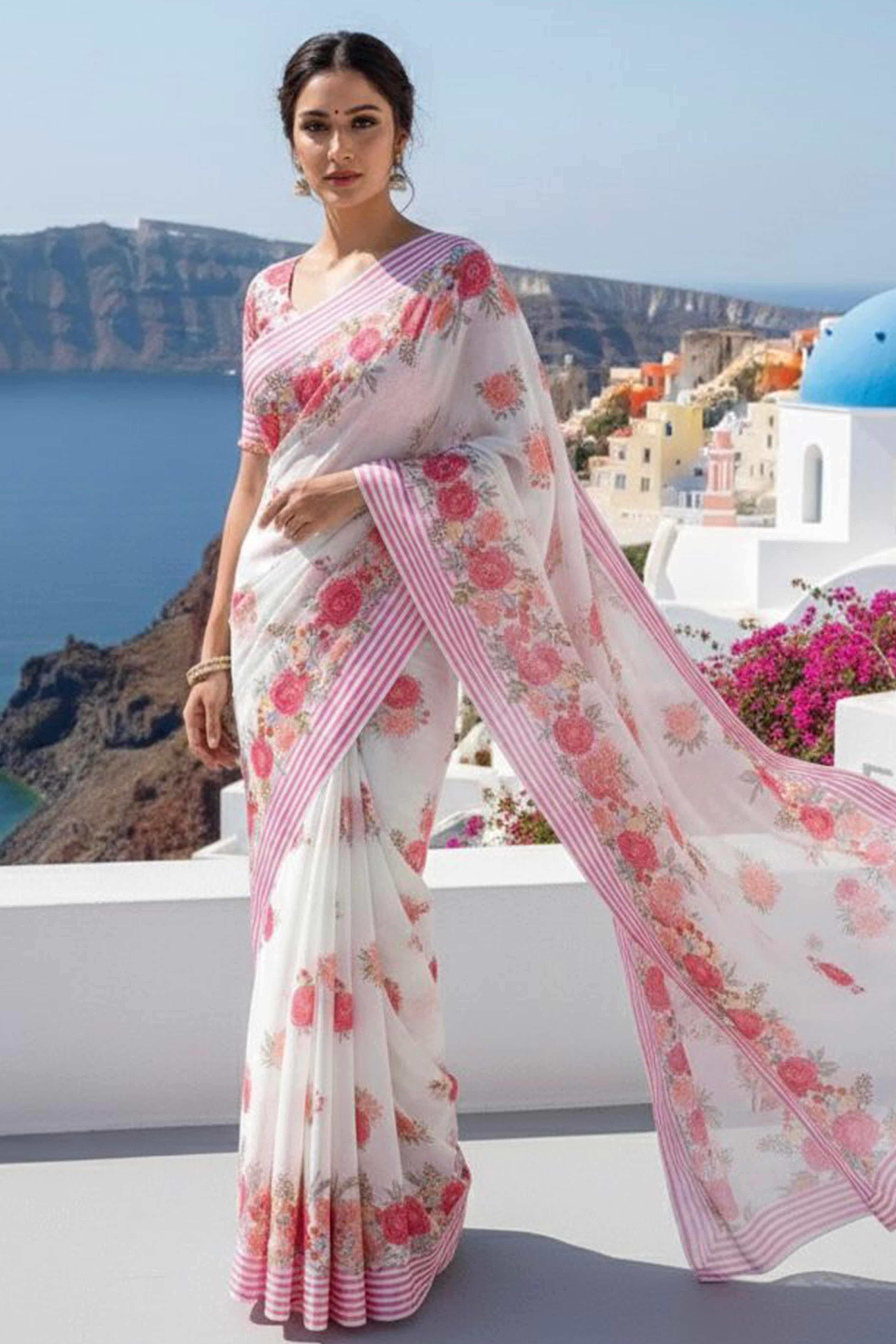 Vibrant White Georgette Saree Adorned with Floral Digital Print & Satin Border