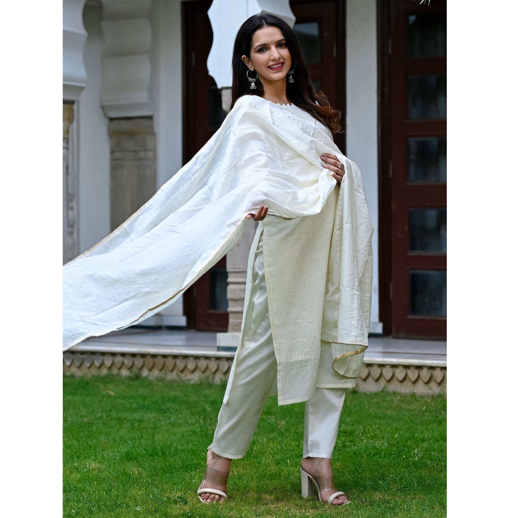 Off white Sequins Embroidered Cotton Salwar Suit