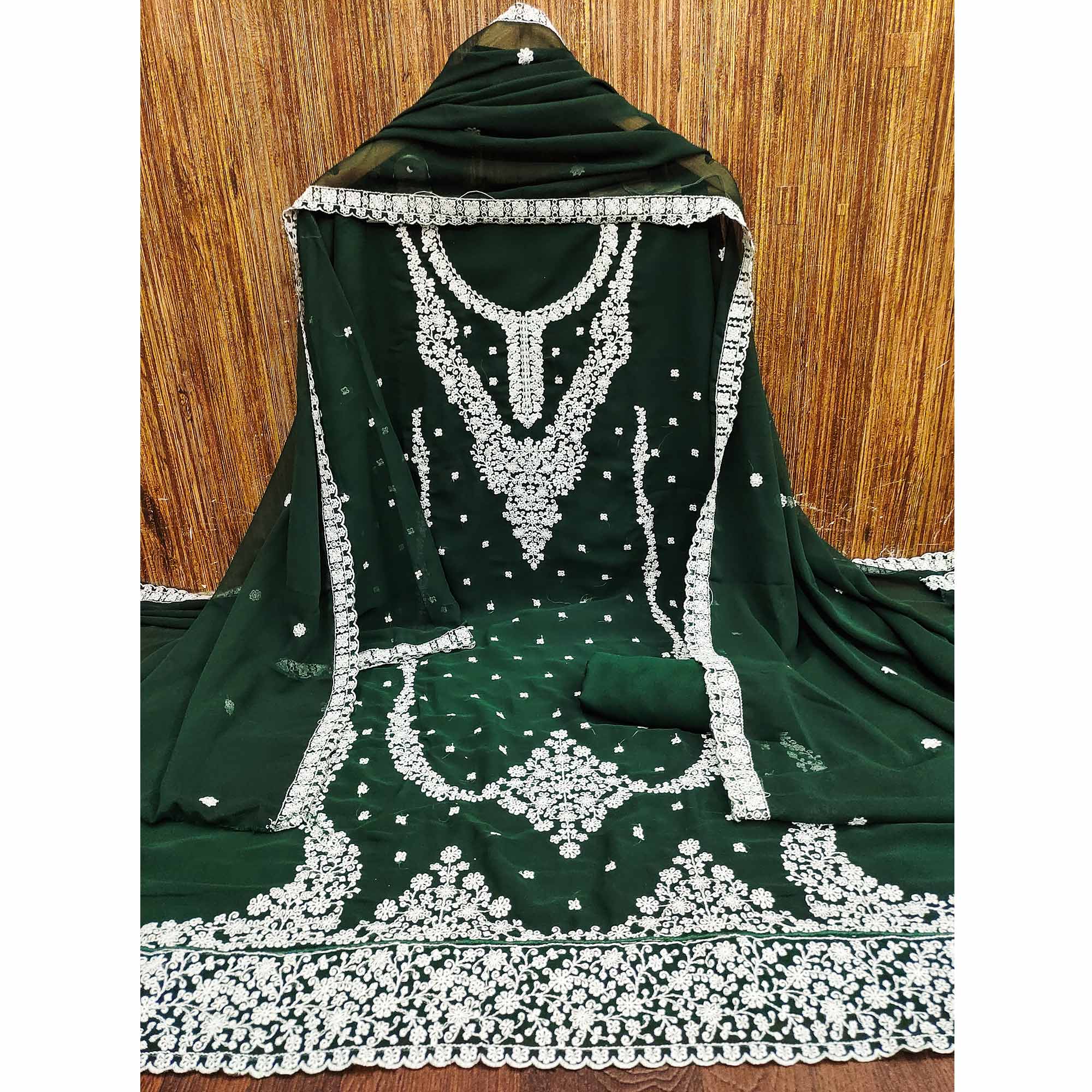 Green Floral Embroidered Georgette Dress Material