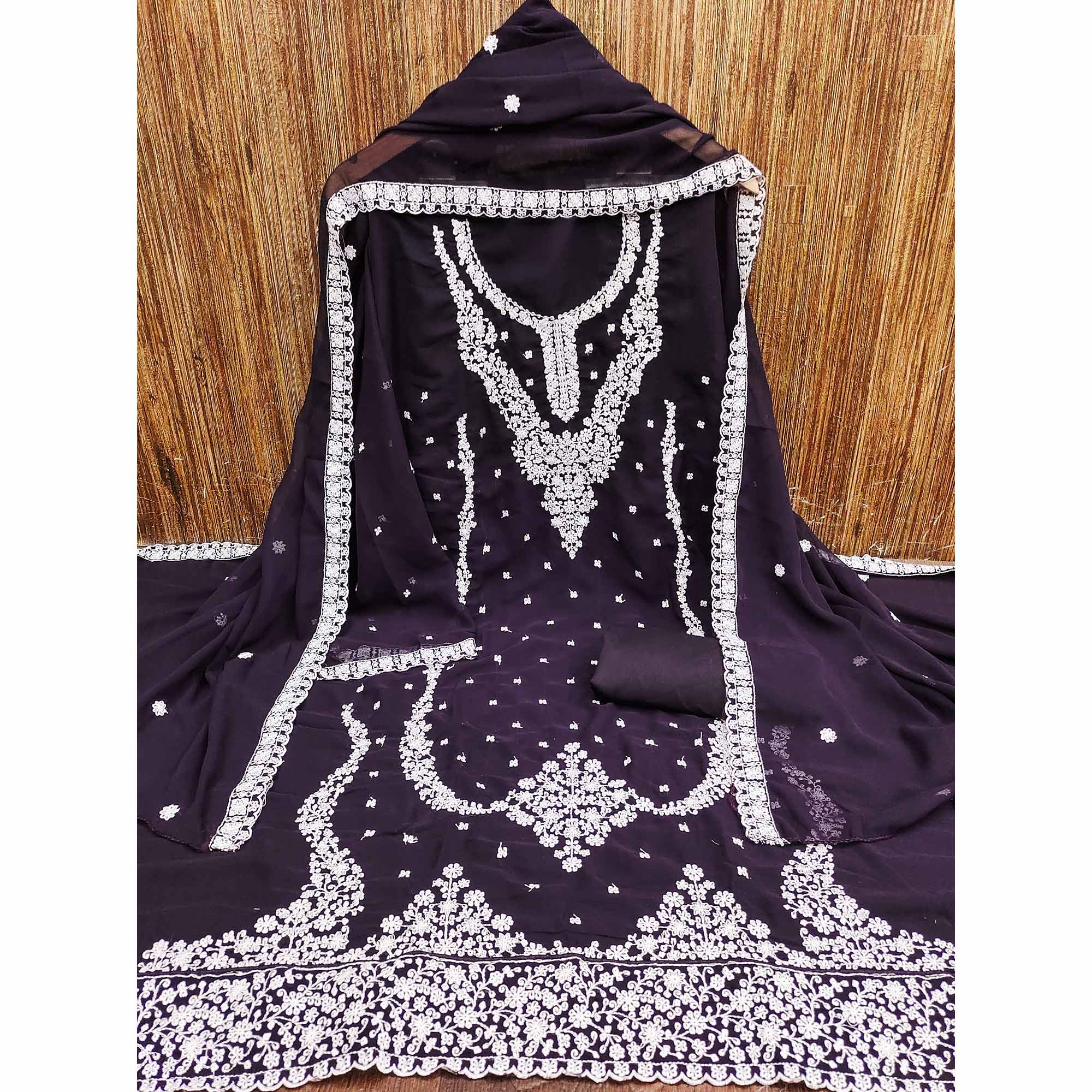 Purple Floral Embroidered Georgette Dress Material