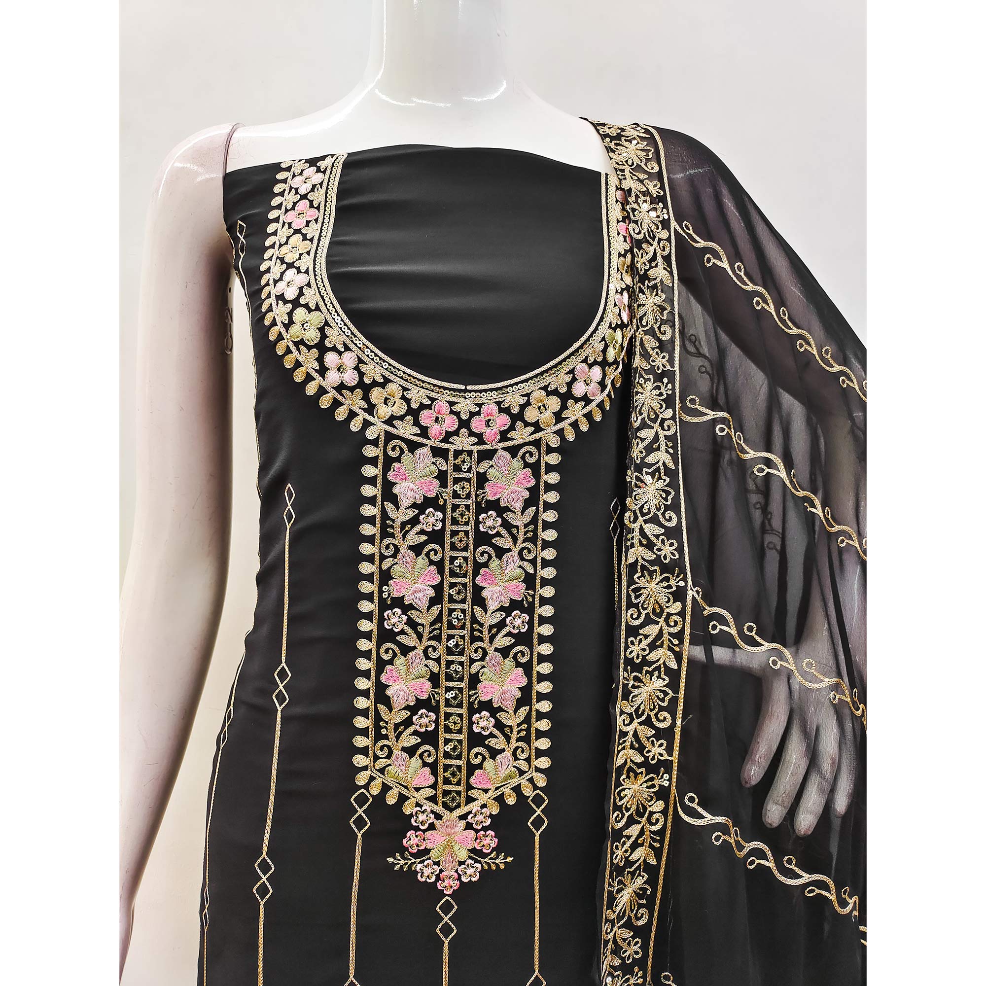 Black Embroidered Georgette Dress Material