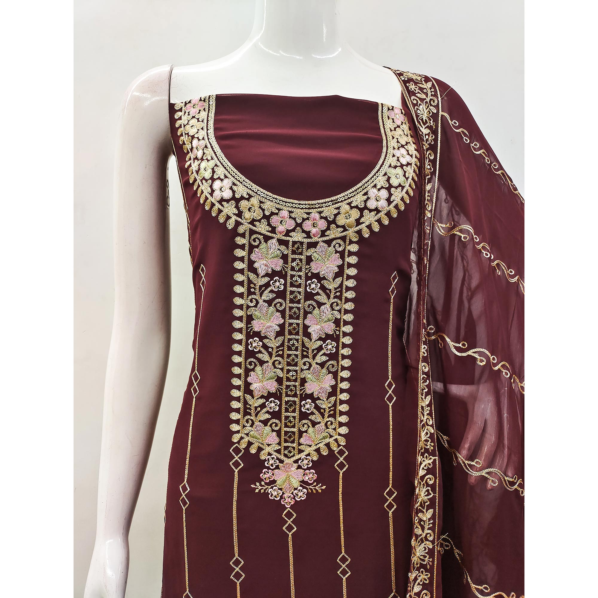 Dark Brown Embroidered Georgette Dress Material