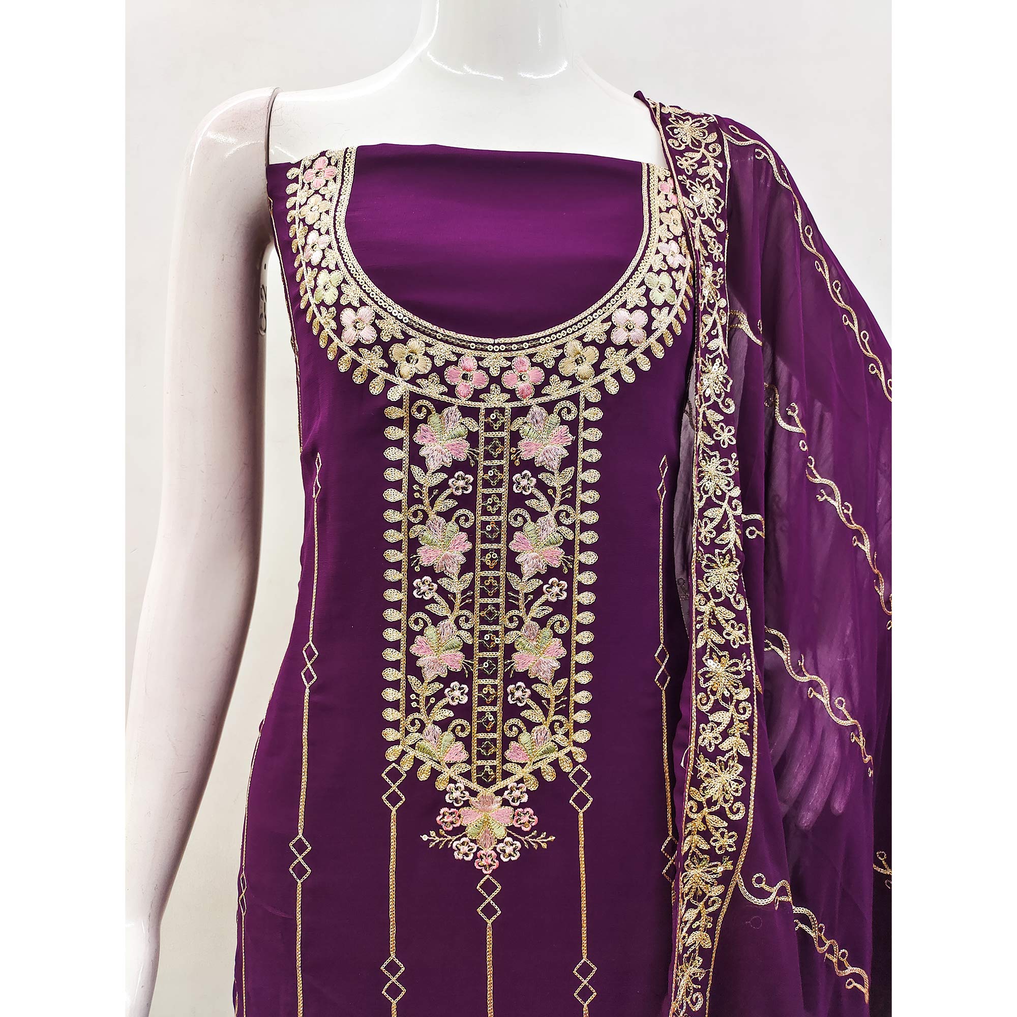 Purple Embroidered Georgette Dress Material