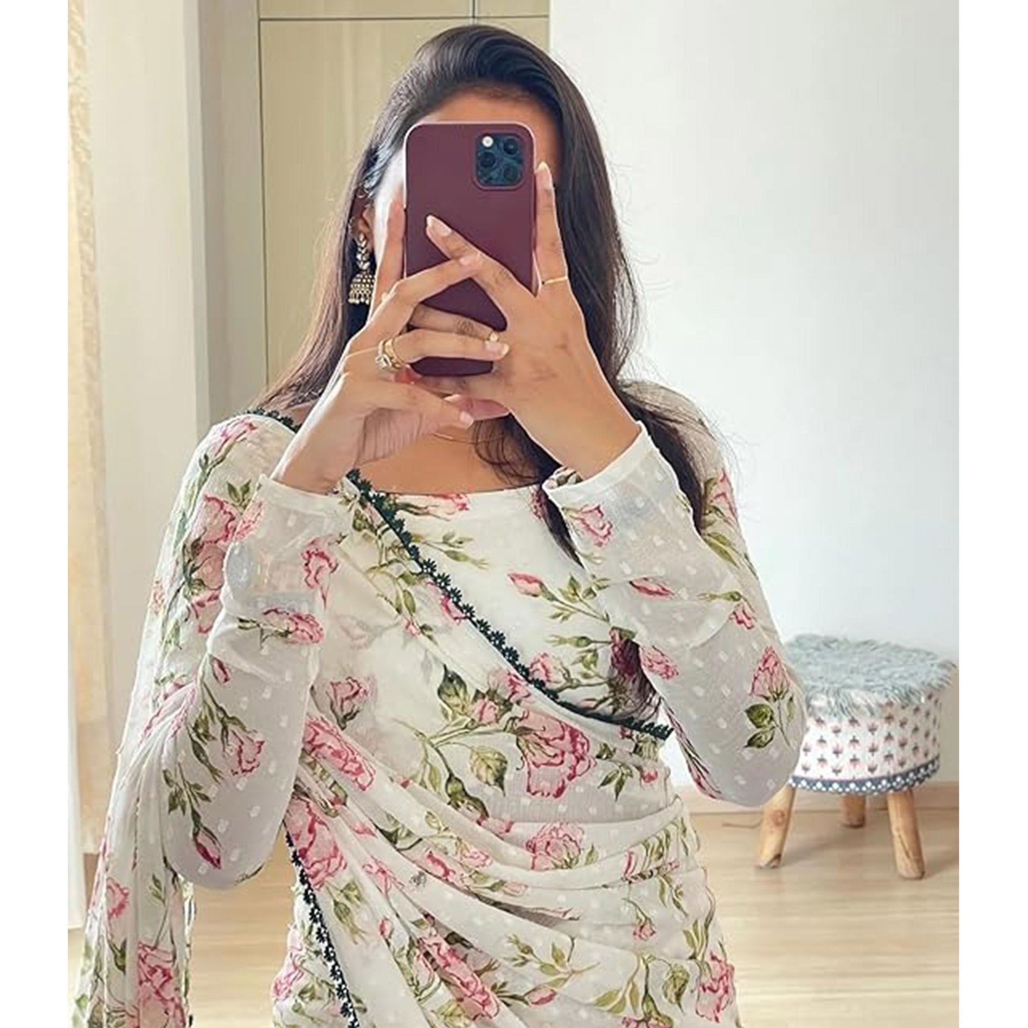 White Floral Printed Georgette Saree