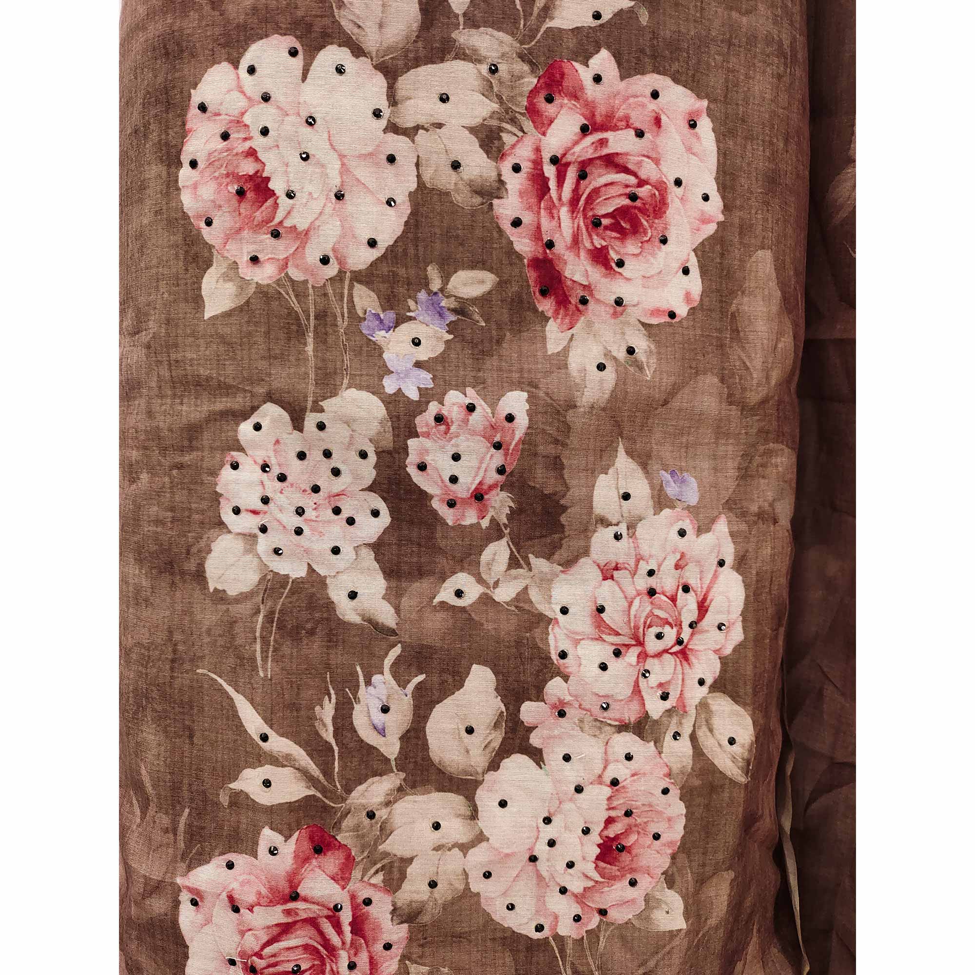 Brown Floral Printed Chanderi Dress Material