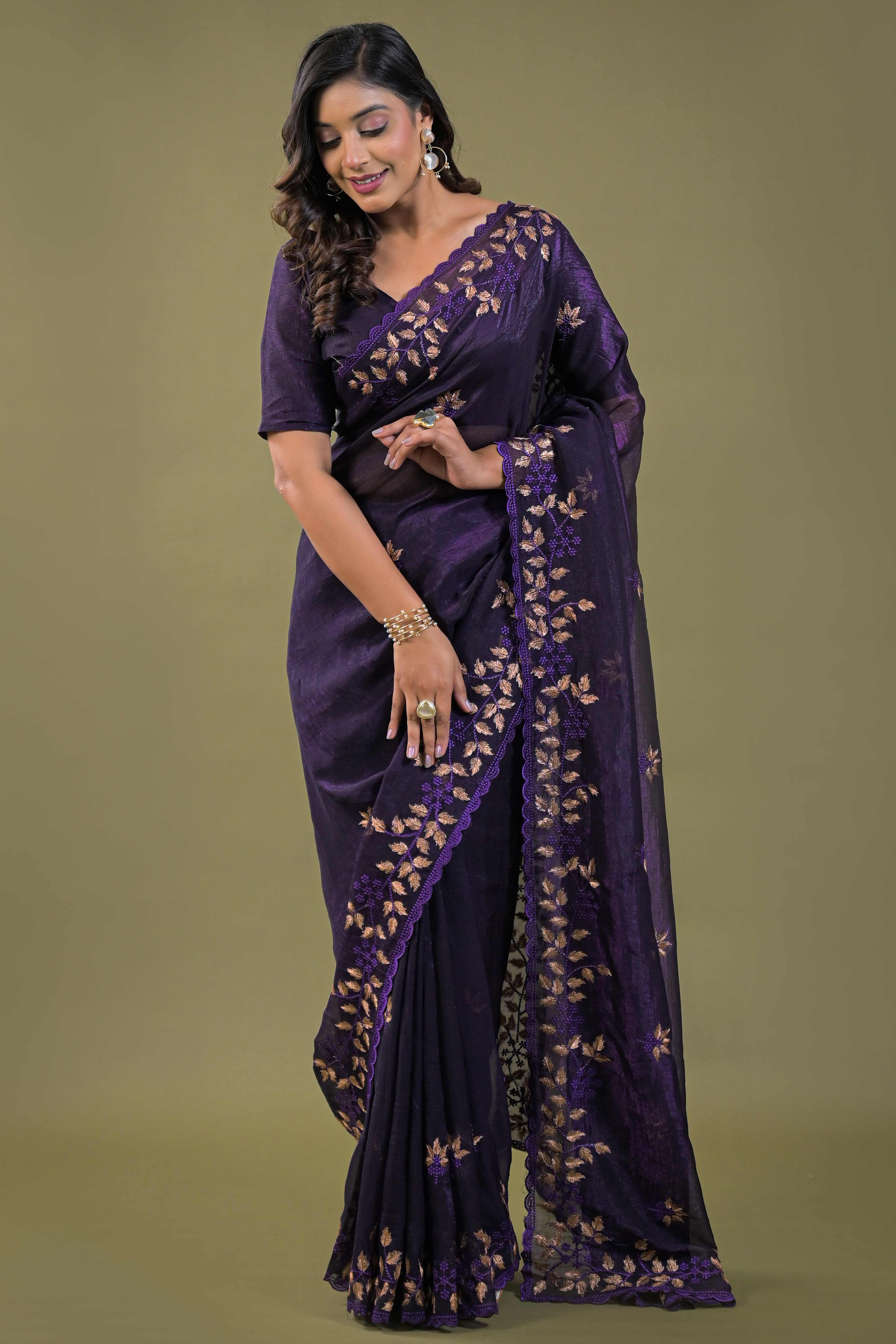 Dark Purple Sheer Organza Saree Adorned with Floral Embroidery