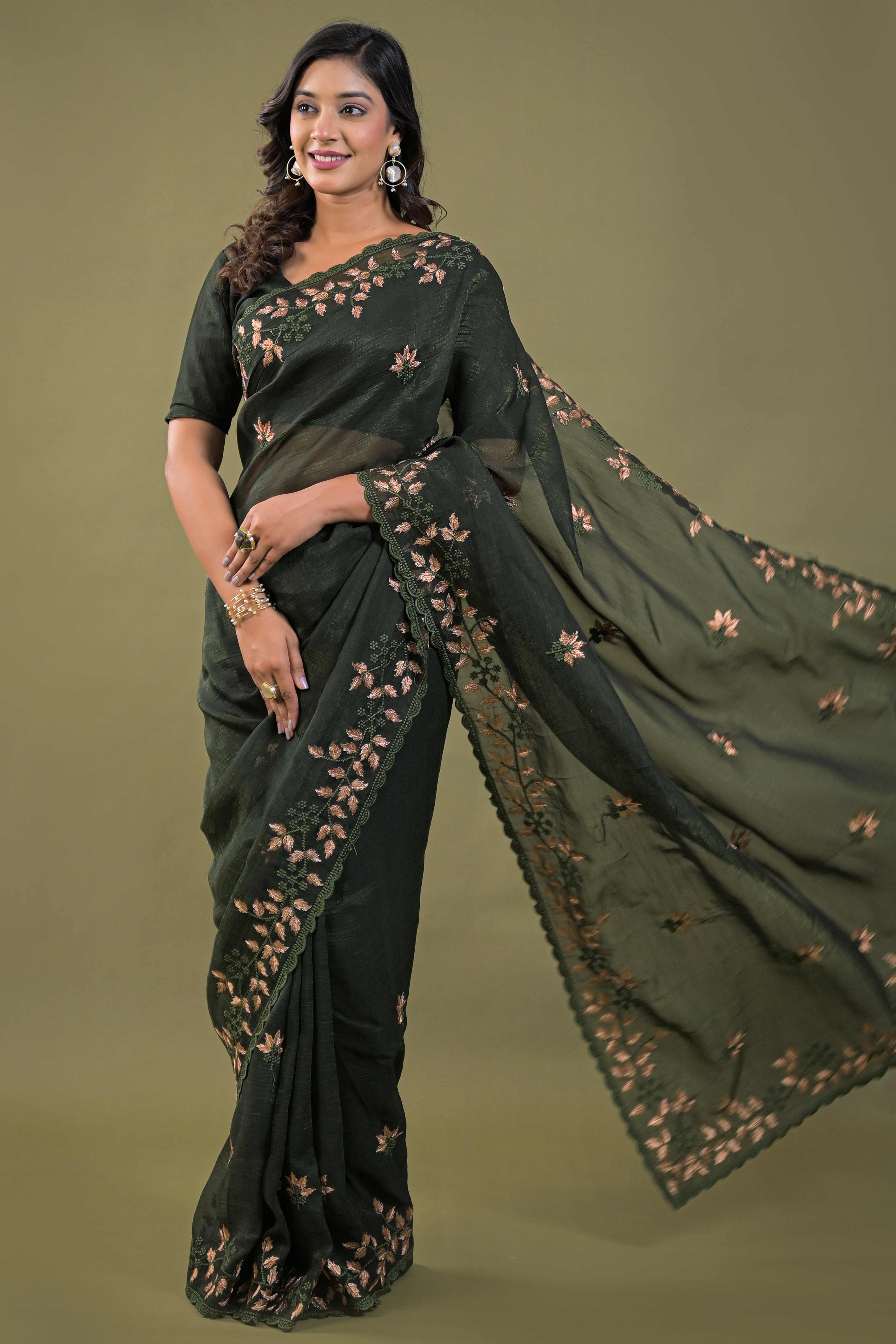 Mehendi Green Sheer Organza Saree Adorned with Floral Embroidery