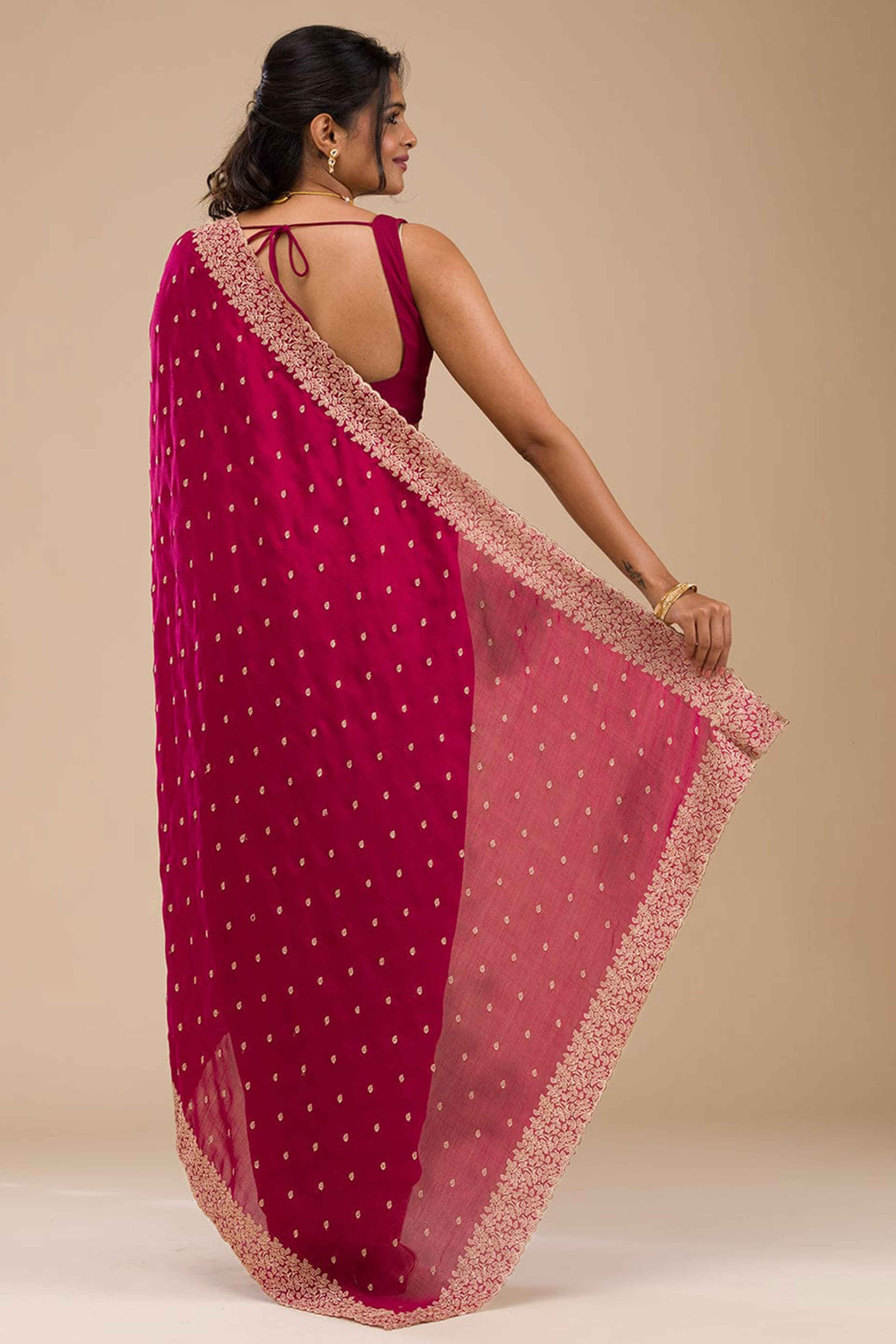 Sophisticated Pink Saree in Vichitra Silk with All-Over Floral Embroidered