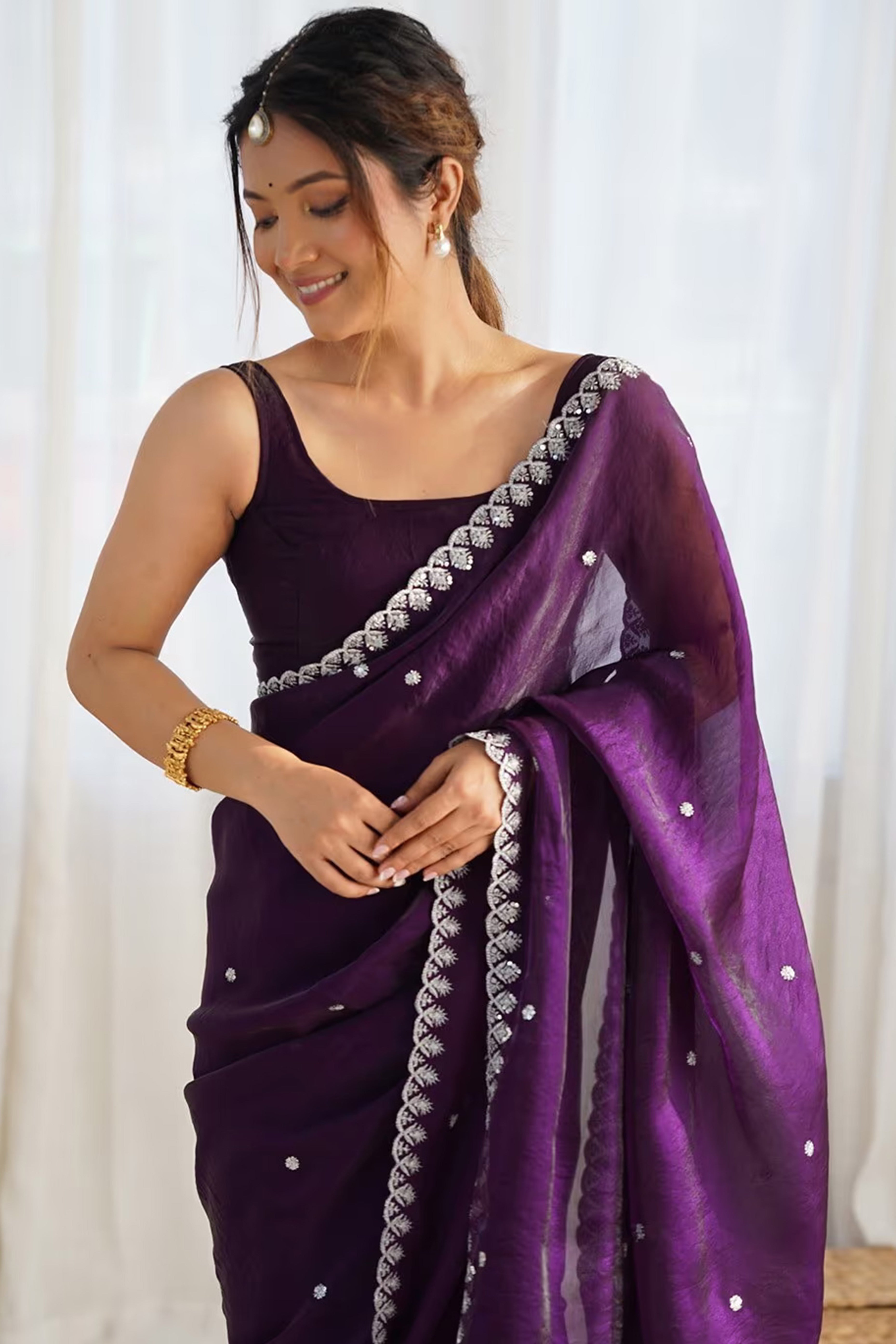 Stunning Dark Purple Organza Satin Silk Saree Adorned With Floral Sequin Zari Embroidery Work