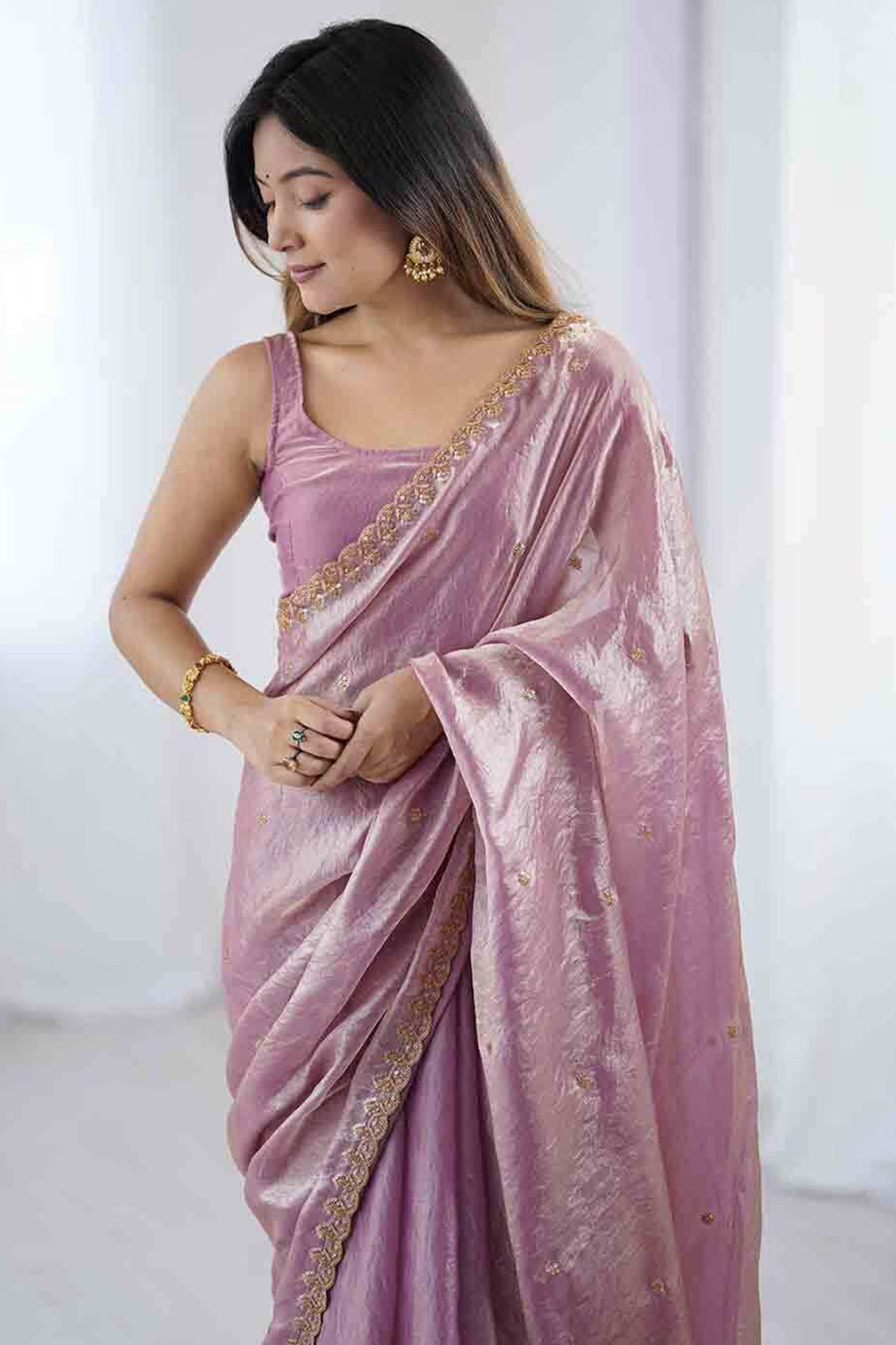 Stunning Mauve Organza Satin Silk Saree Adorned With Floral Sequin Zari Embroidery Work