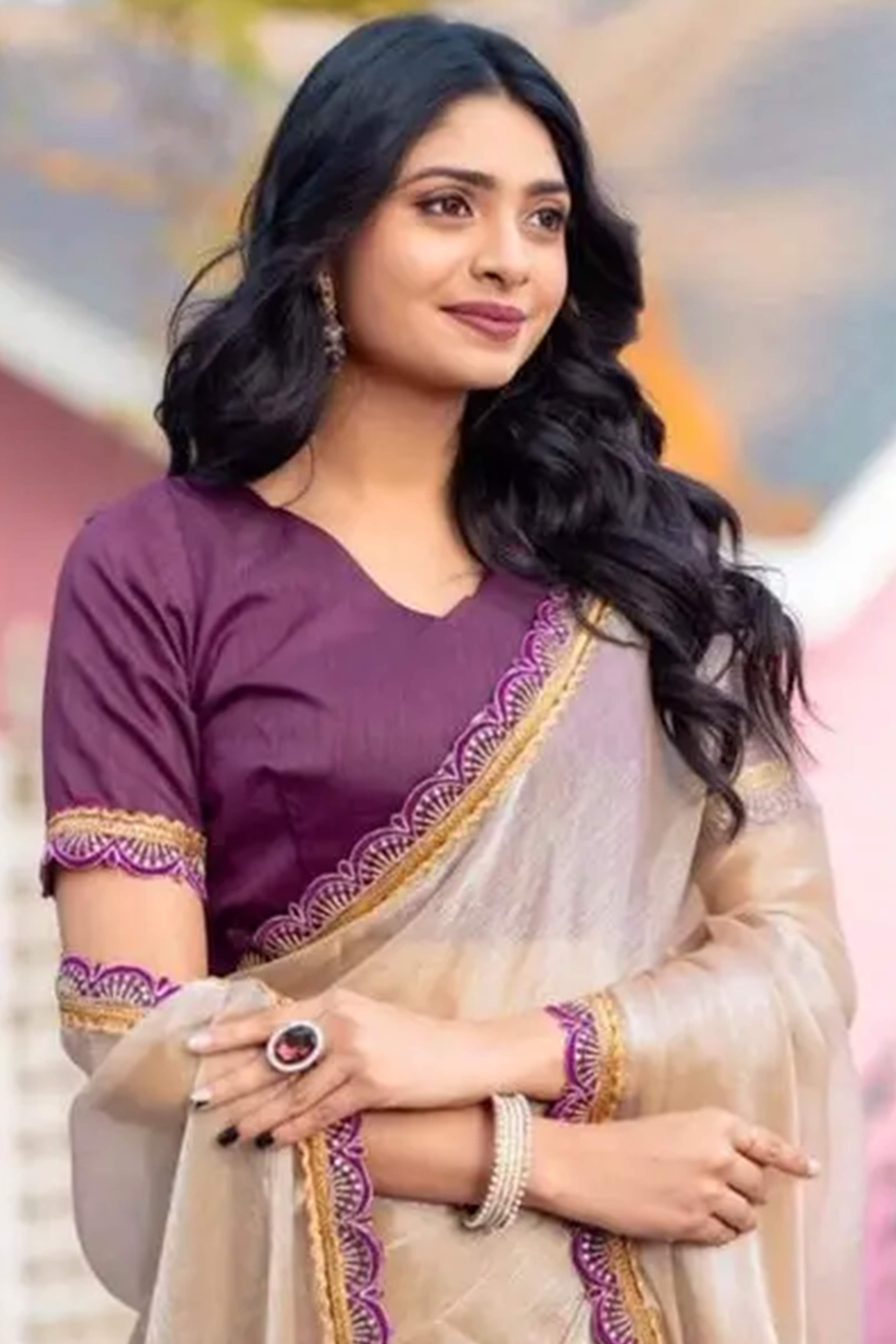 Beige Solid Tissue Saree Enhanced With Graceful Embroidered Lace Border Work