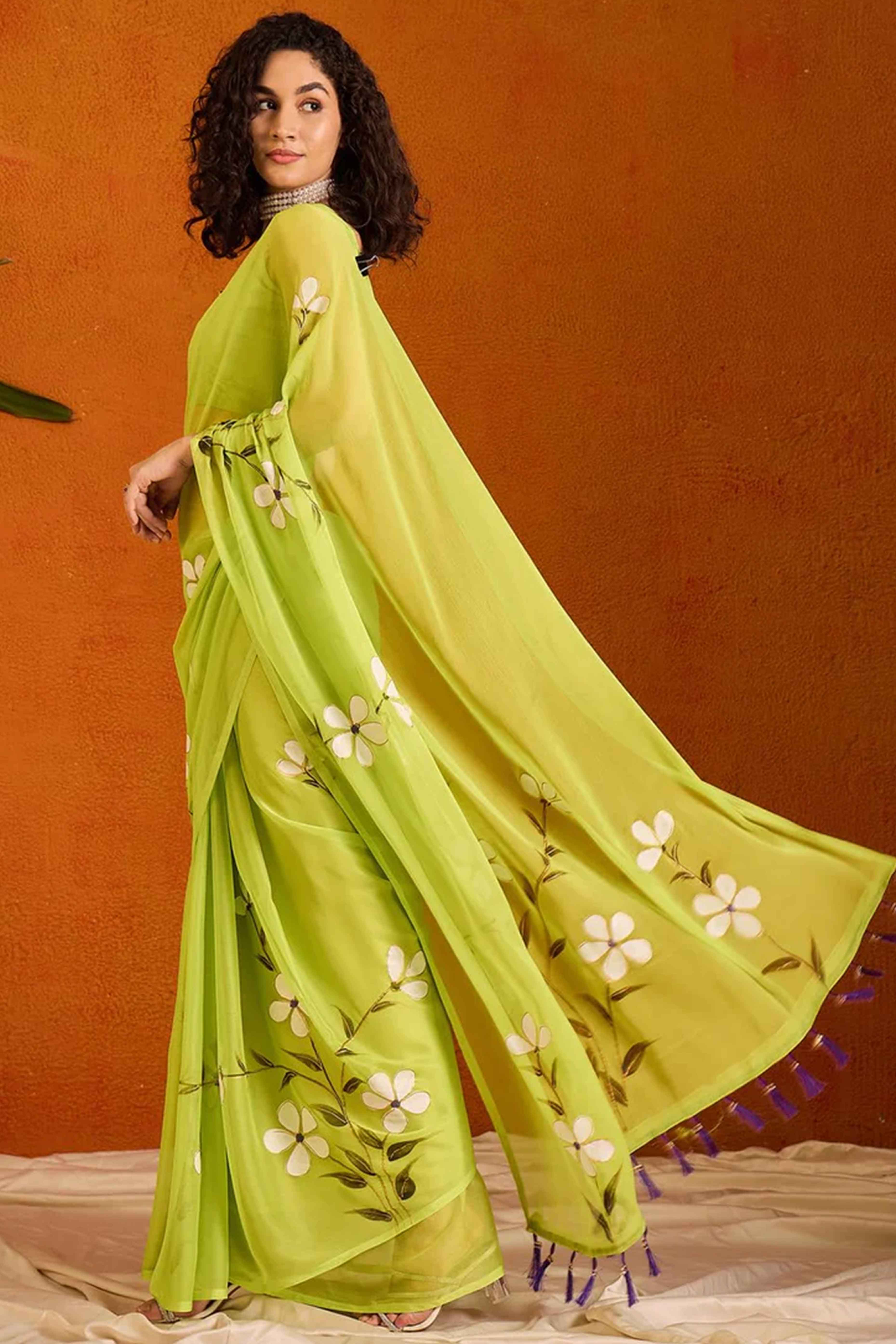 Trendy Lime Green Floral Print Fancy Saree in Airy Chiffon with Elegant Tassel Highlights