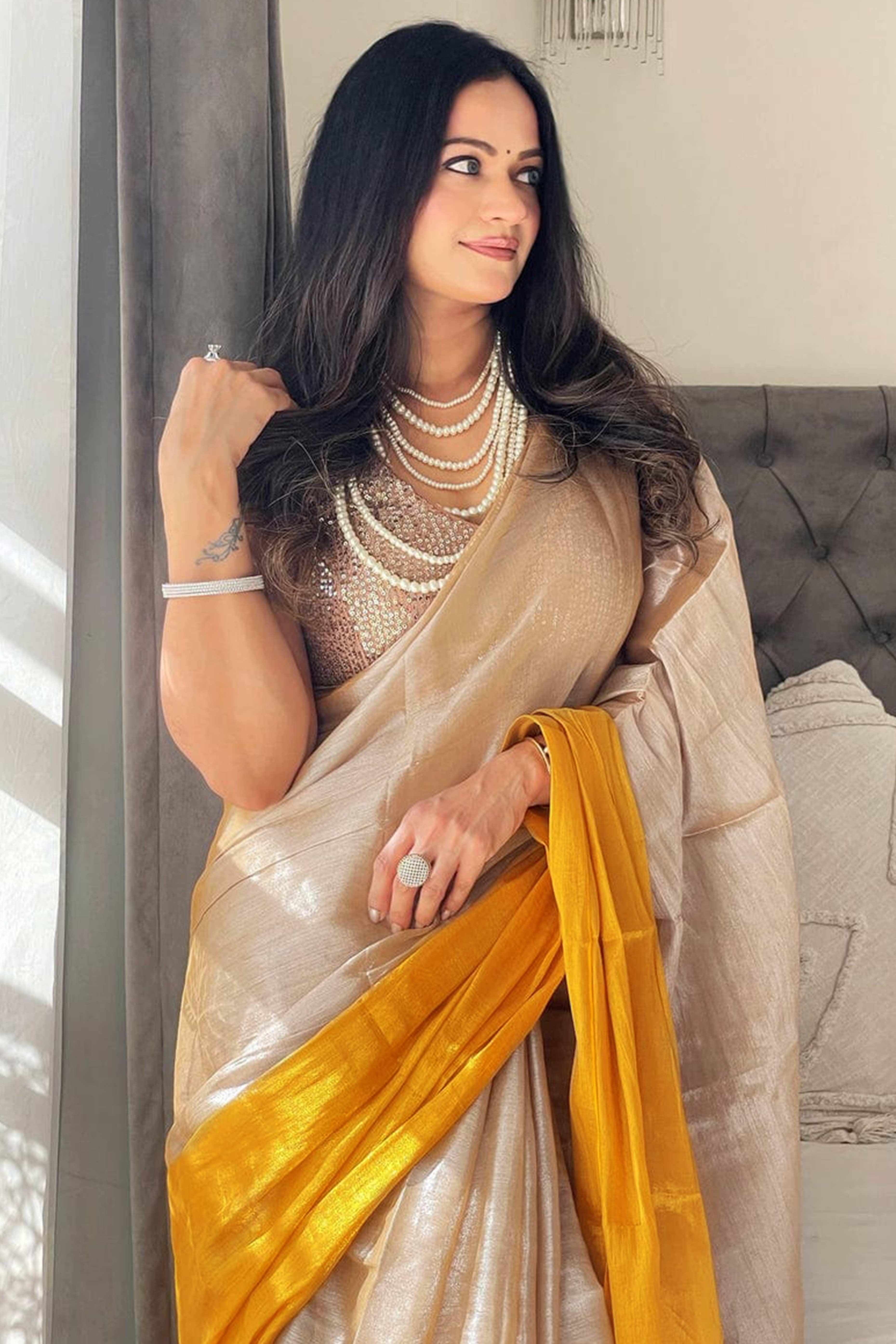 Solid Color Chikoo & Mustard Saree in Art Silk with Decorative Ends