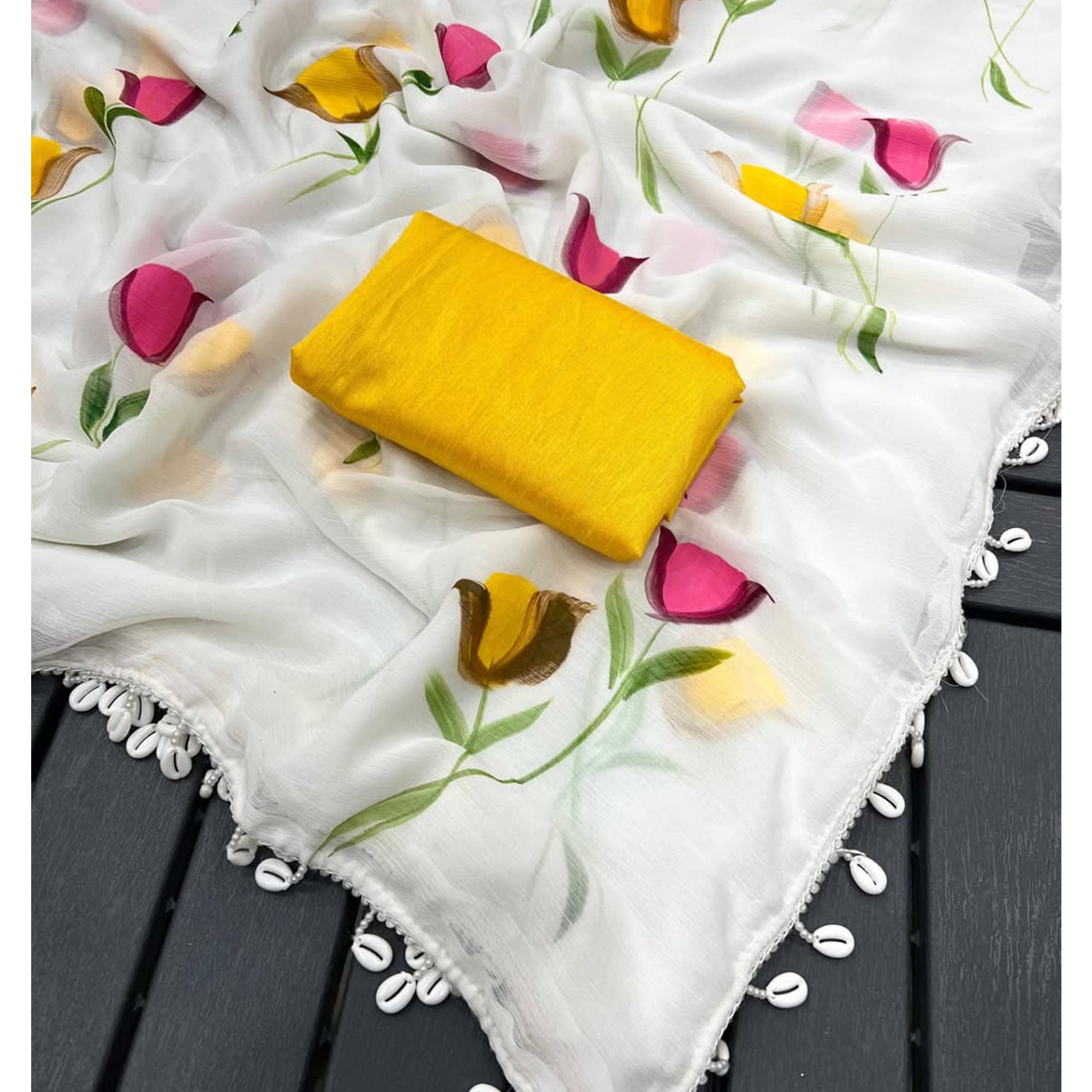 White Floral Printed Georgette Party Wear Saree With Cowrie Shell Edge