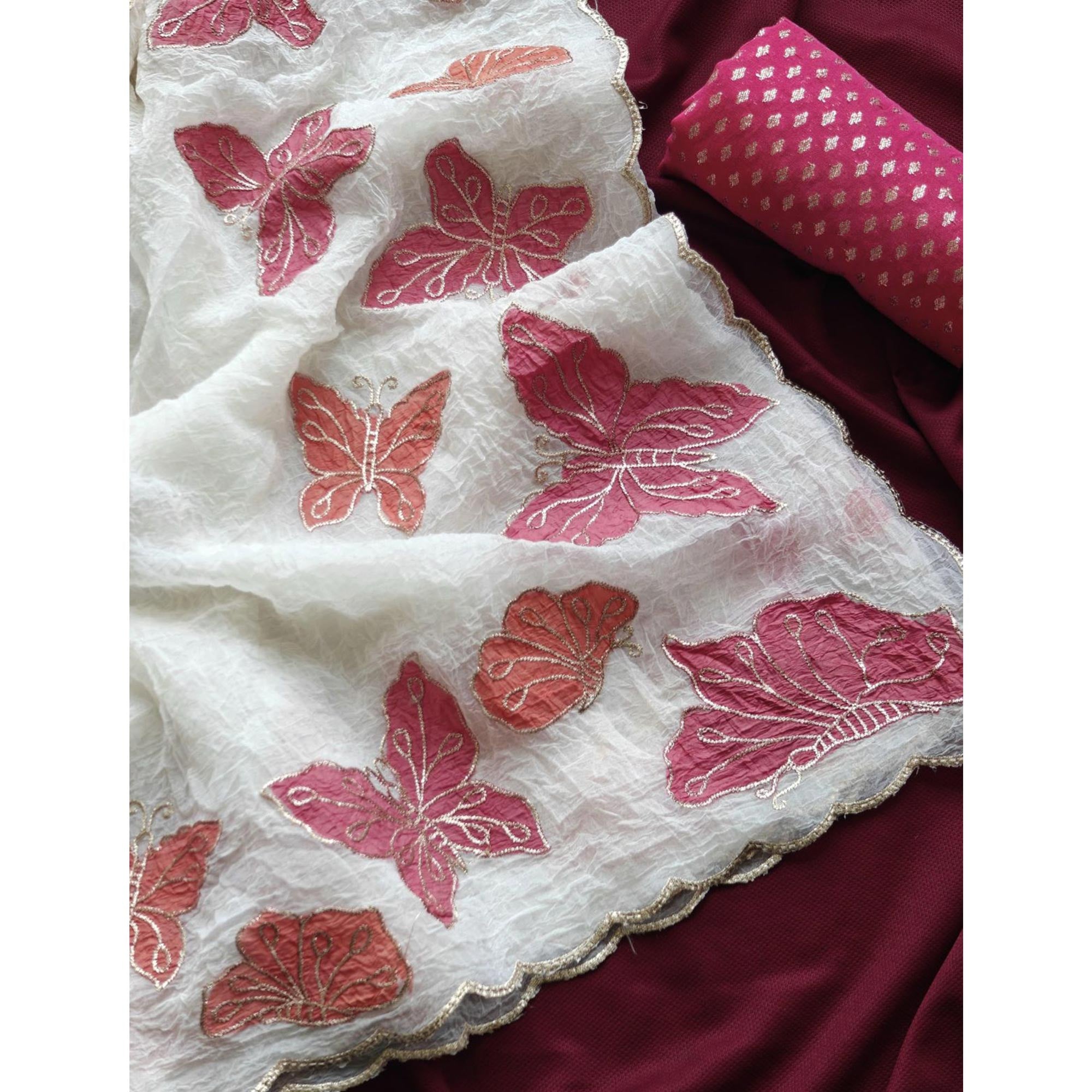 Off White Designer Chiffon Crush Saree Featuring Butterfly Embroidery