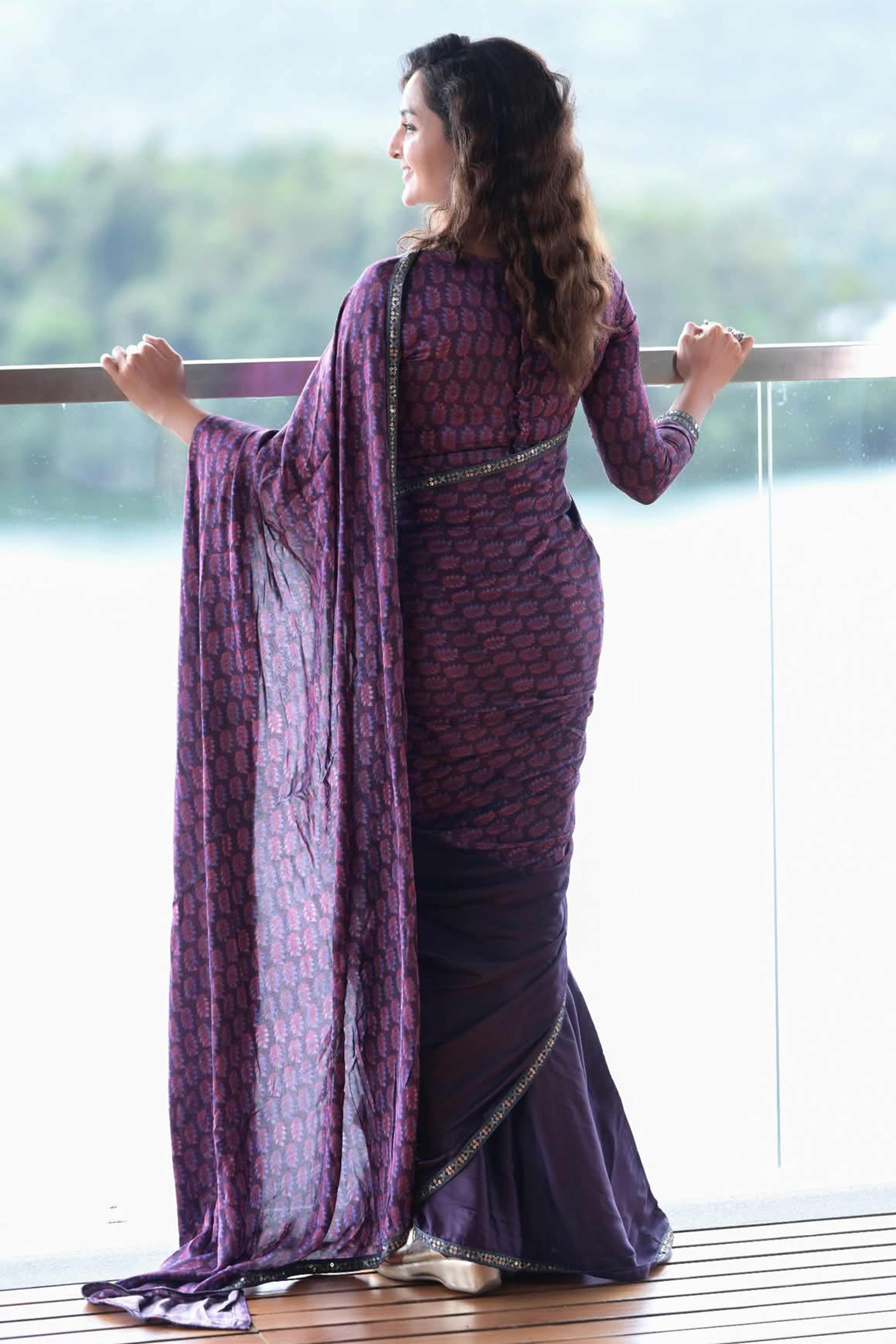 Floral Printed Purple Crepe Silk Saree with Delicate Sequins Border