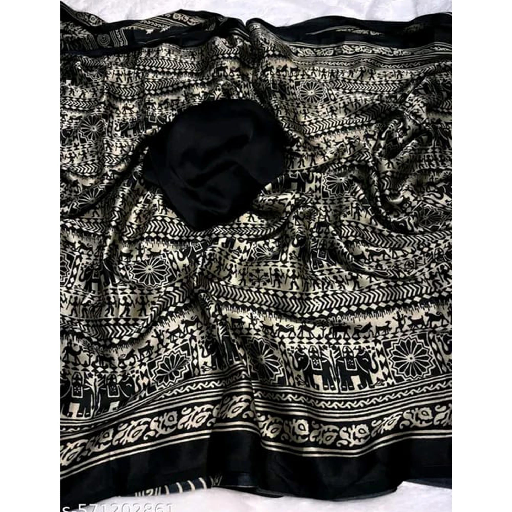 Stylish Grey & Black Printed Crepe Saree Perfect for Party Looks