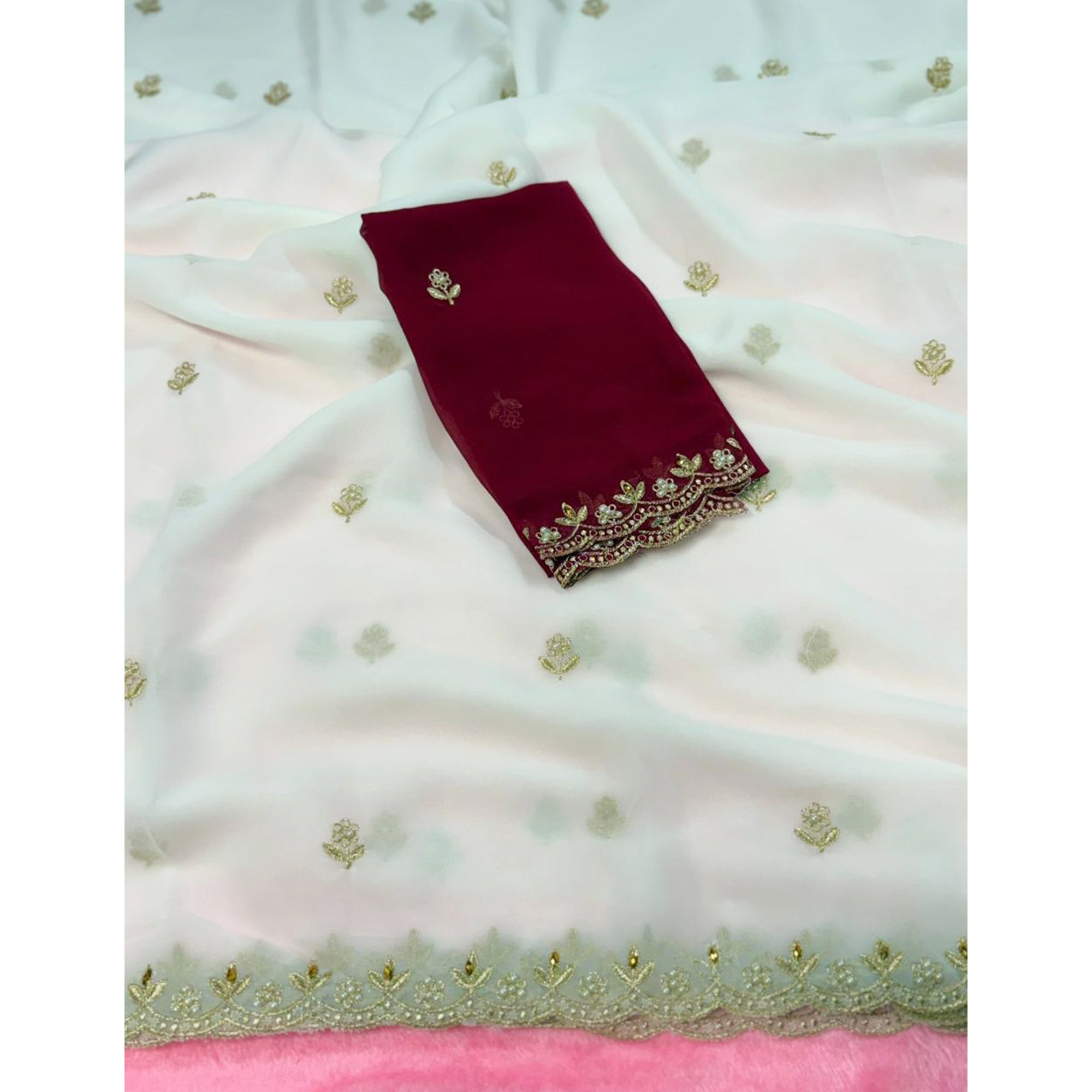 Graceful White Georgette Saree Adorned With Floral Embroidery & Moti Beads Detailing