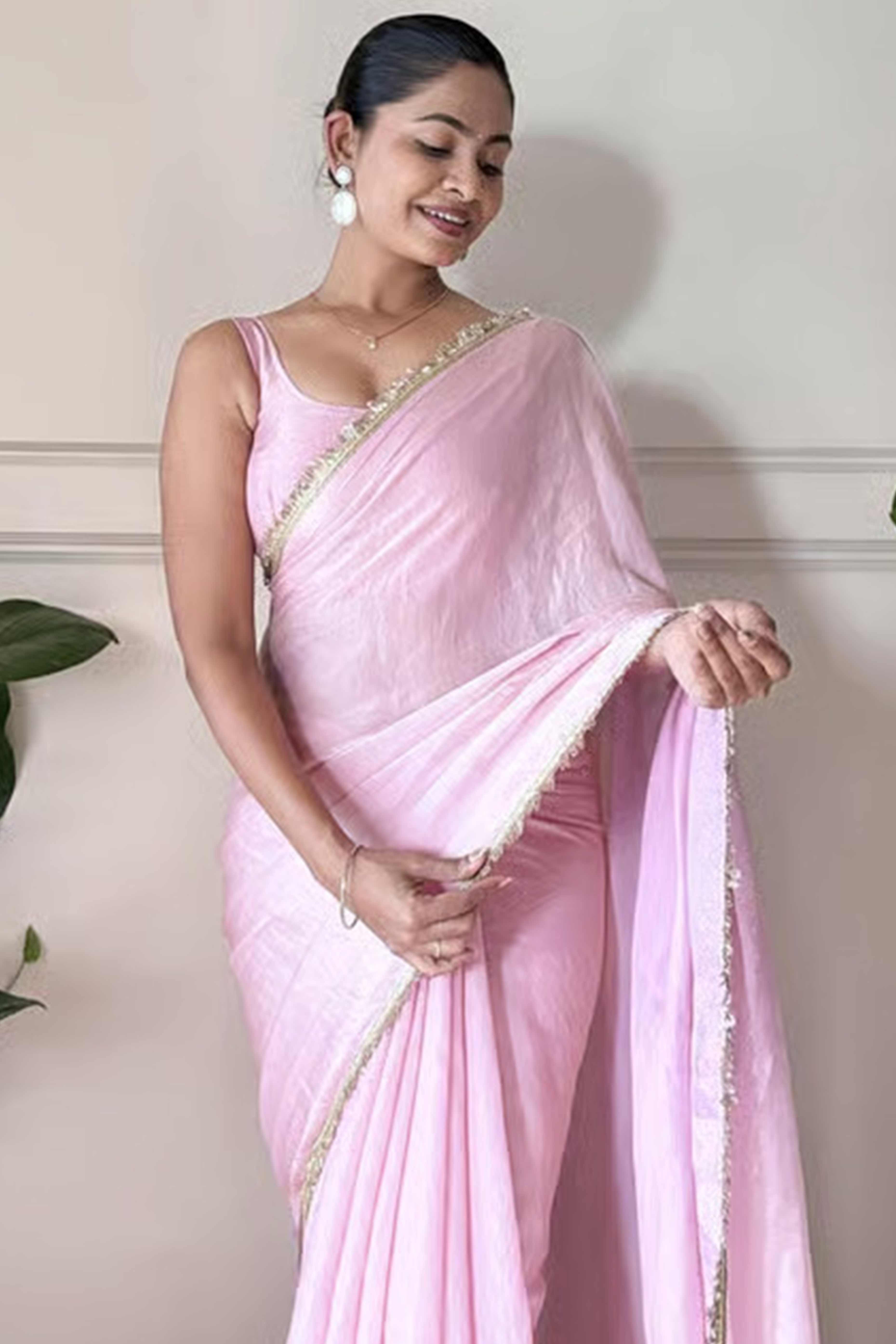 Modern Pink Organza Satin Silk Saree With Refined Lace Border For Elegant Occasions