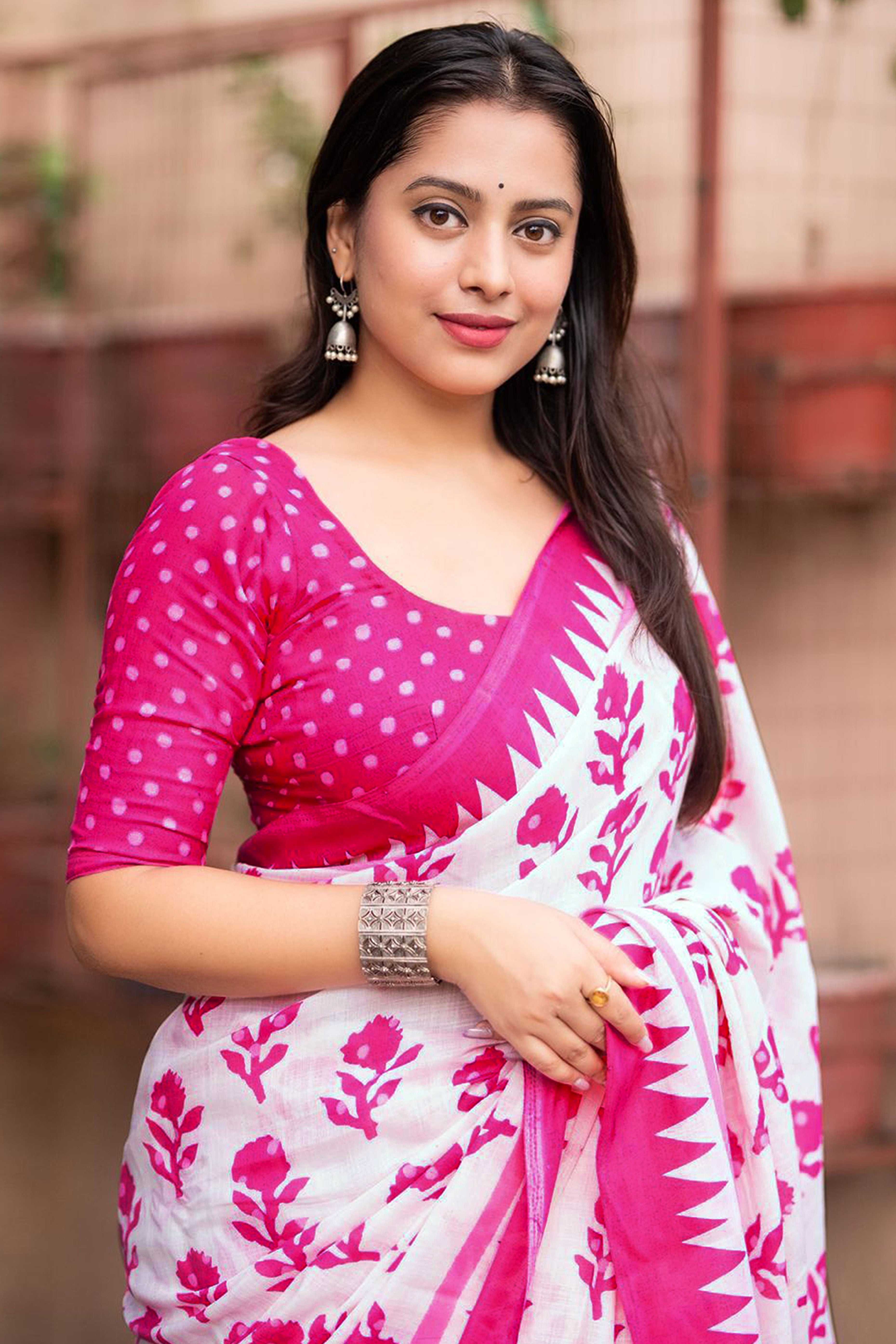 Lightweight White & Pink Floral Print Linen Saree Perfect Blend of Comfort and Style