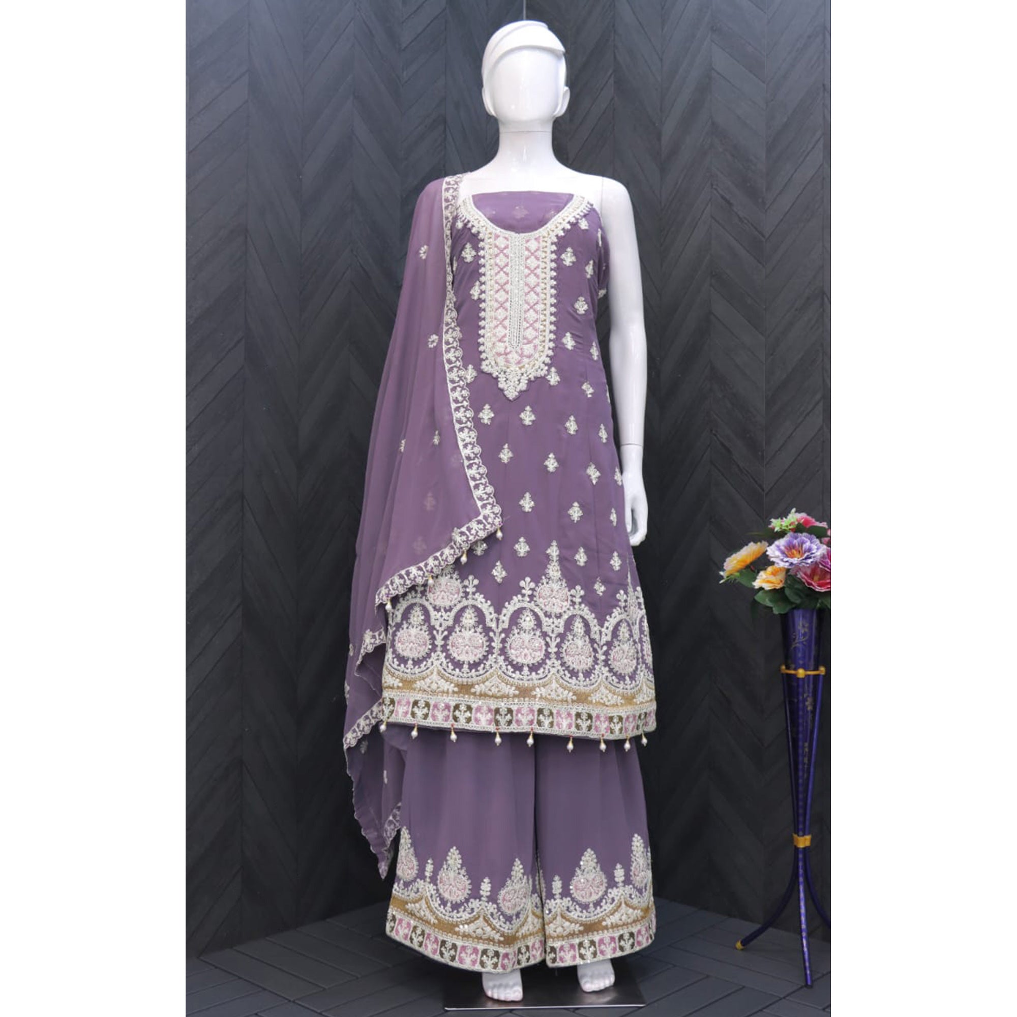 Light Purple Floral Embroidered Georgette Semi Stitched Suit