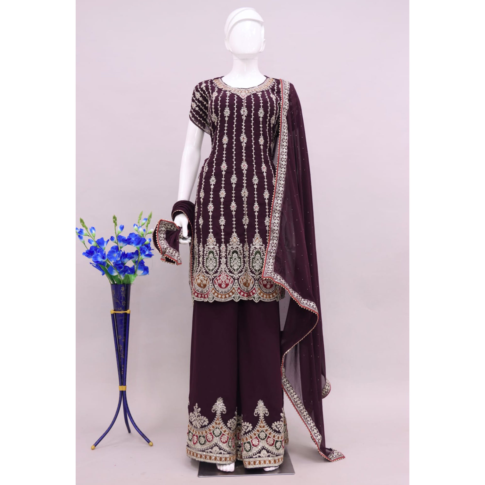 Wine Sequins Embroidered Georgette Semi Stitched Sharara Suit