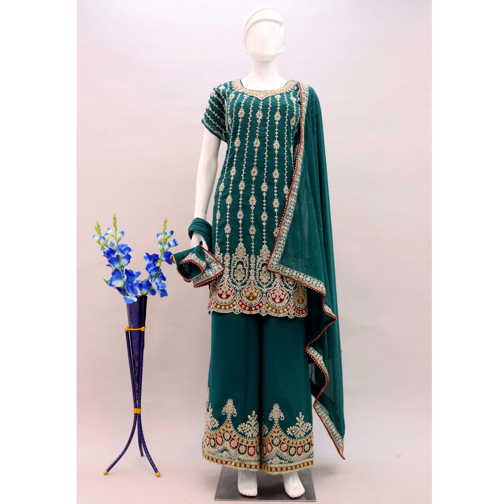 Rama Green Sequins Embroidered Georgette Semi Stitched Sharara Suit