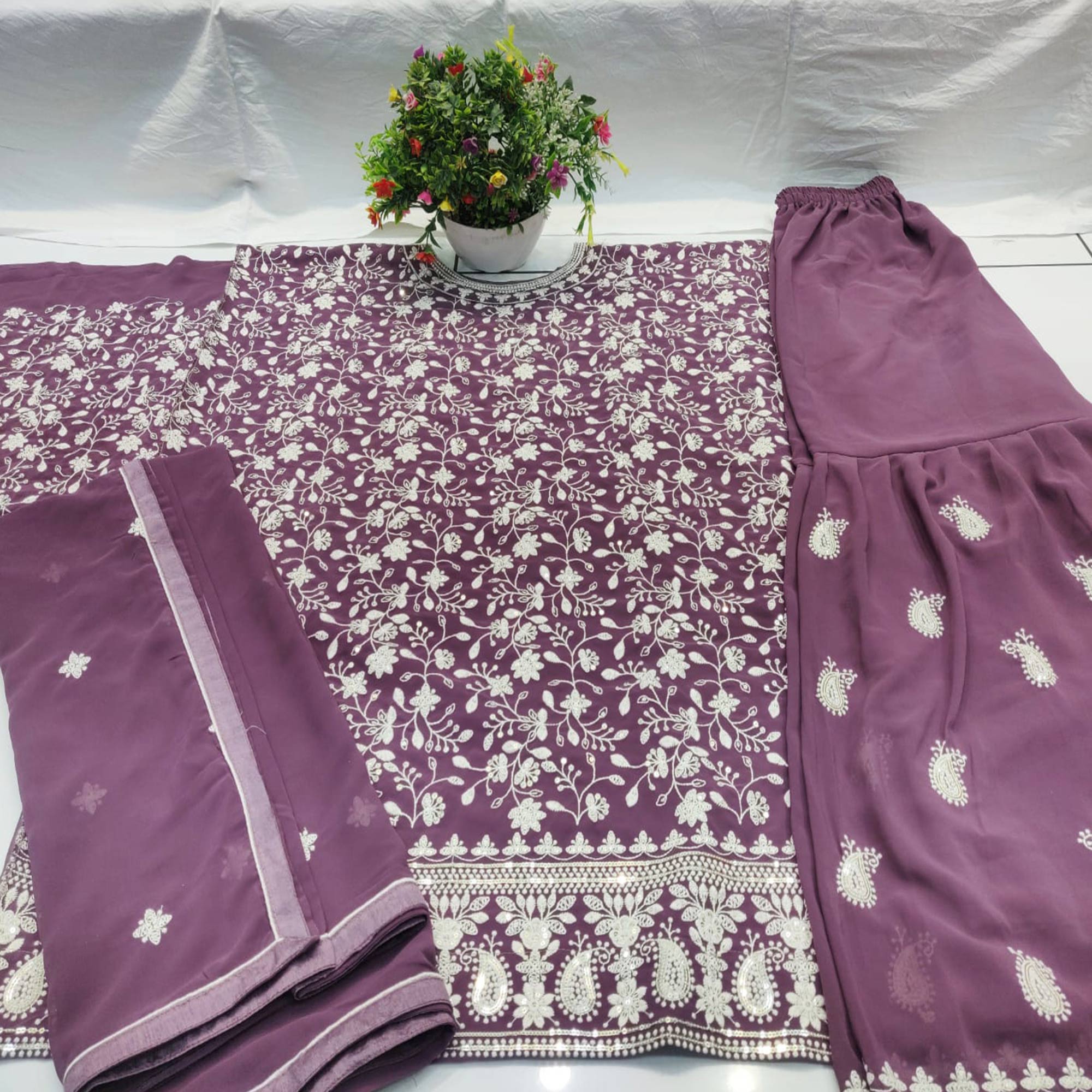 Purple Floral Embroidered Georgette Semi Stitched Sharara Suit