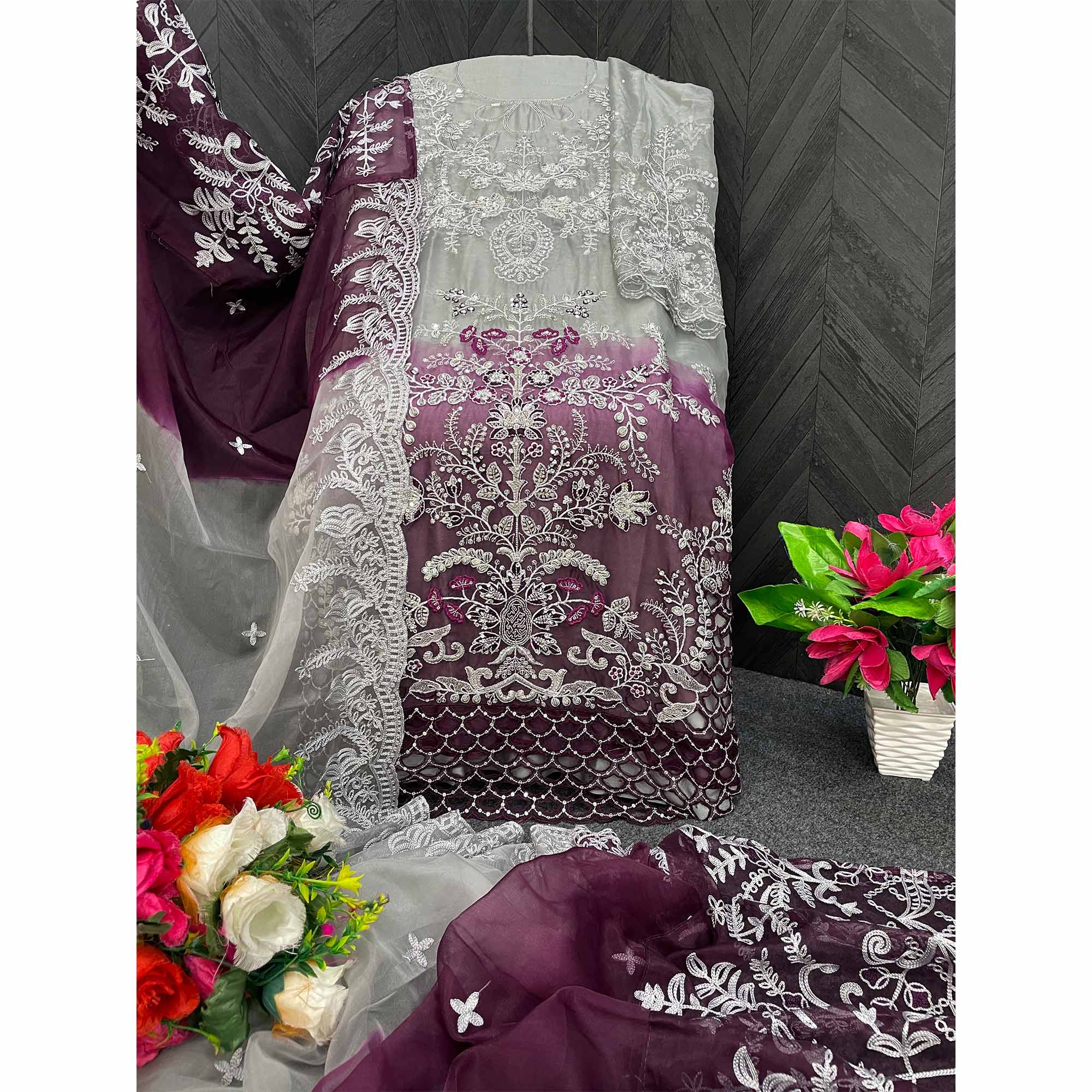 Grey & Purple Floral Embroidered Organza Semi Stitched Pakistani Suit