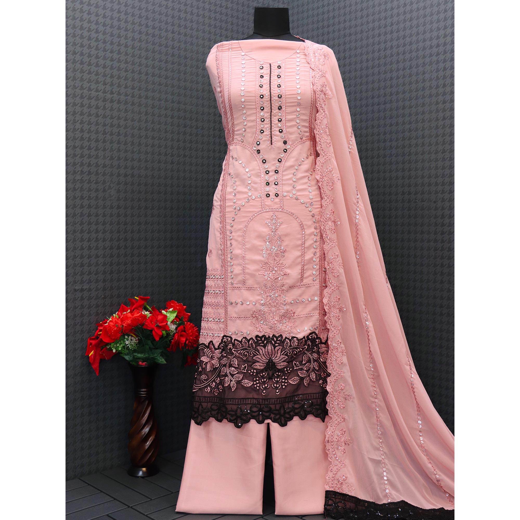 Pink Floral Embroidered Georgette Semi Stitched Pakistani Suit