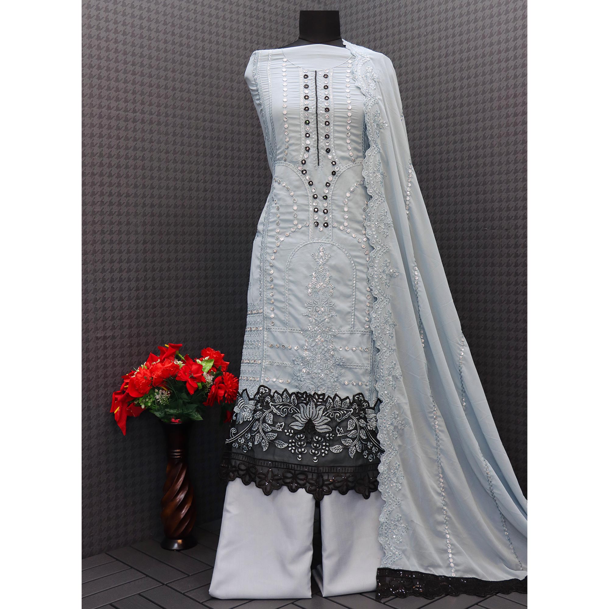 Grey Floral Embroidered Georgette Semi Stitched Pakistani Suit