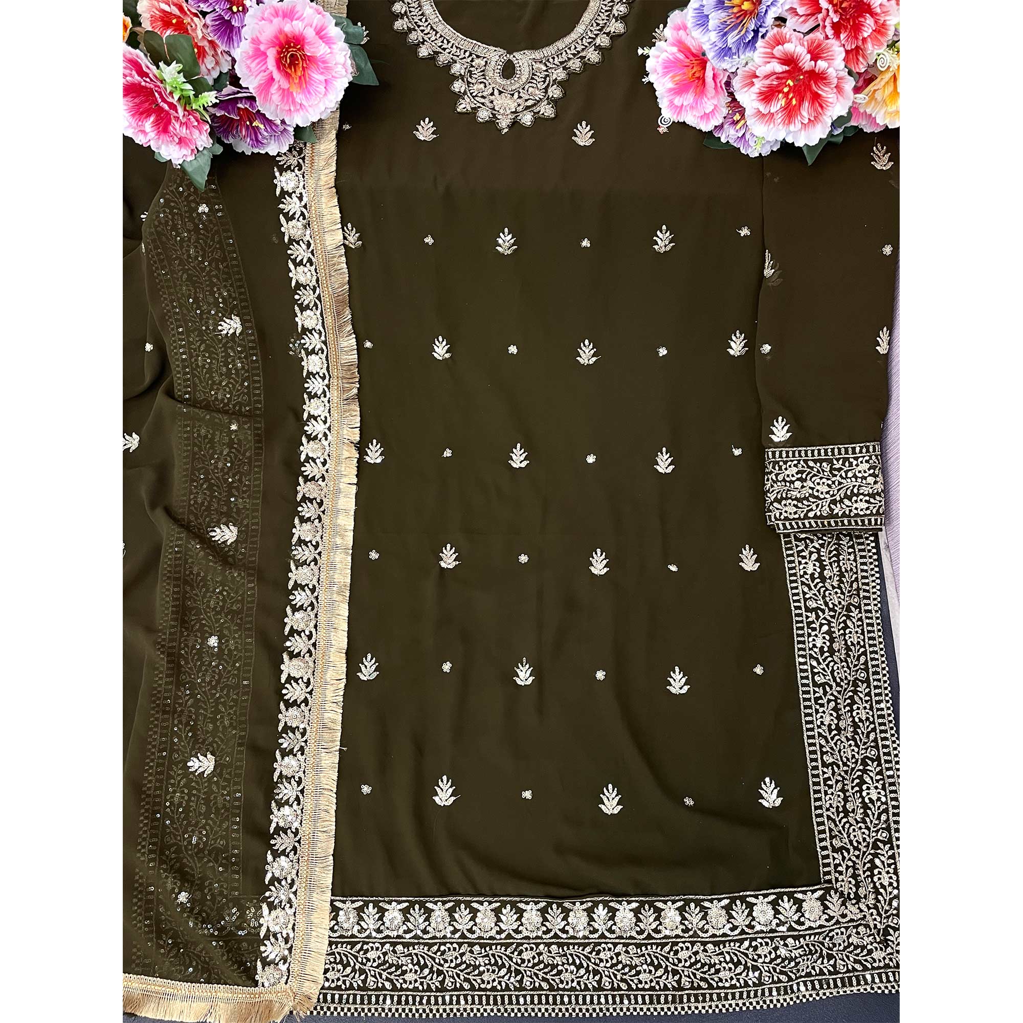 Mehendi Green Floral Embroidered Georgette Semi Stitched Pakistani Suit