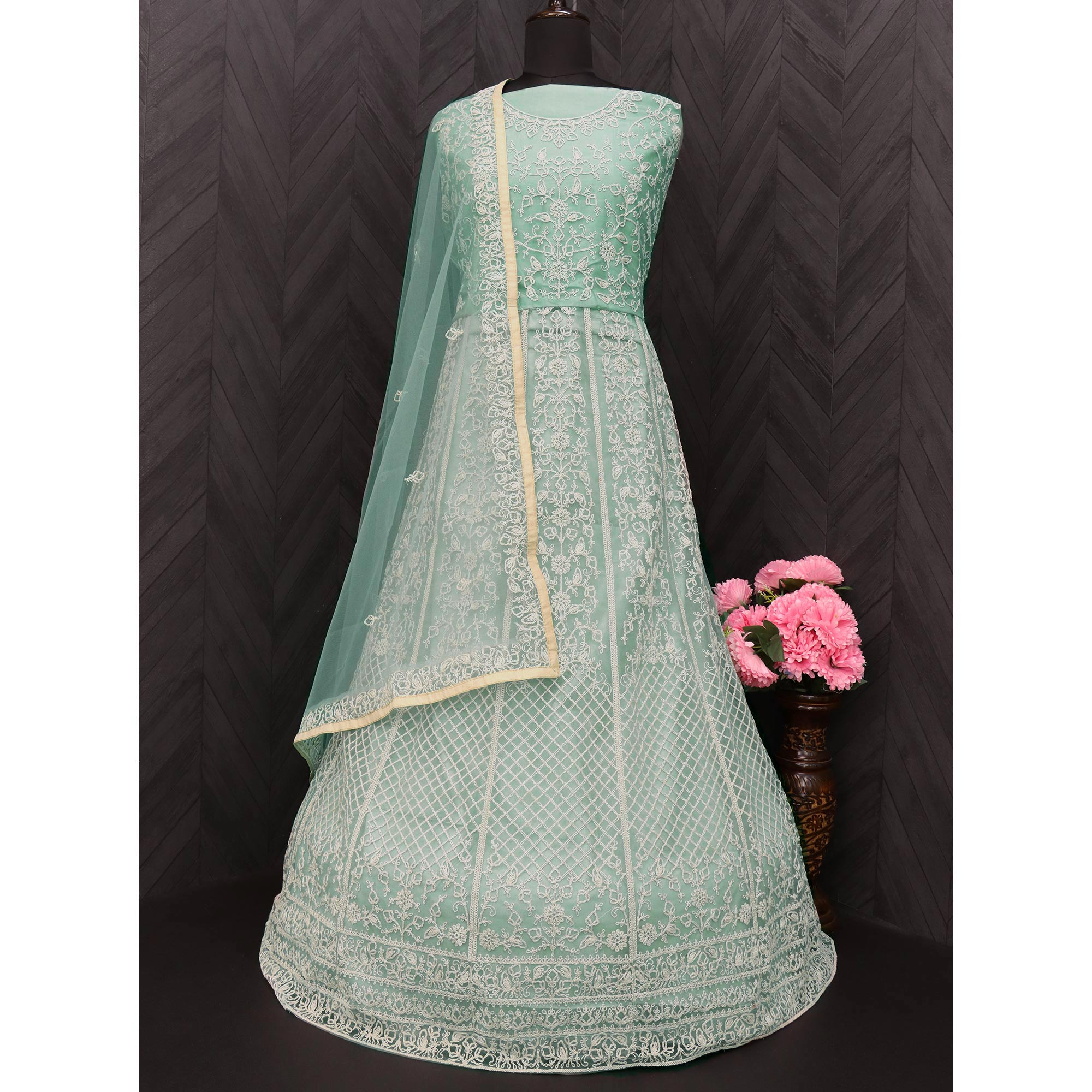 Green Floral Embroidered Net Semi Stitched Anarkali Suit
