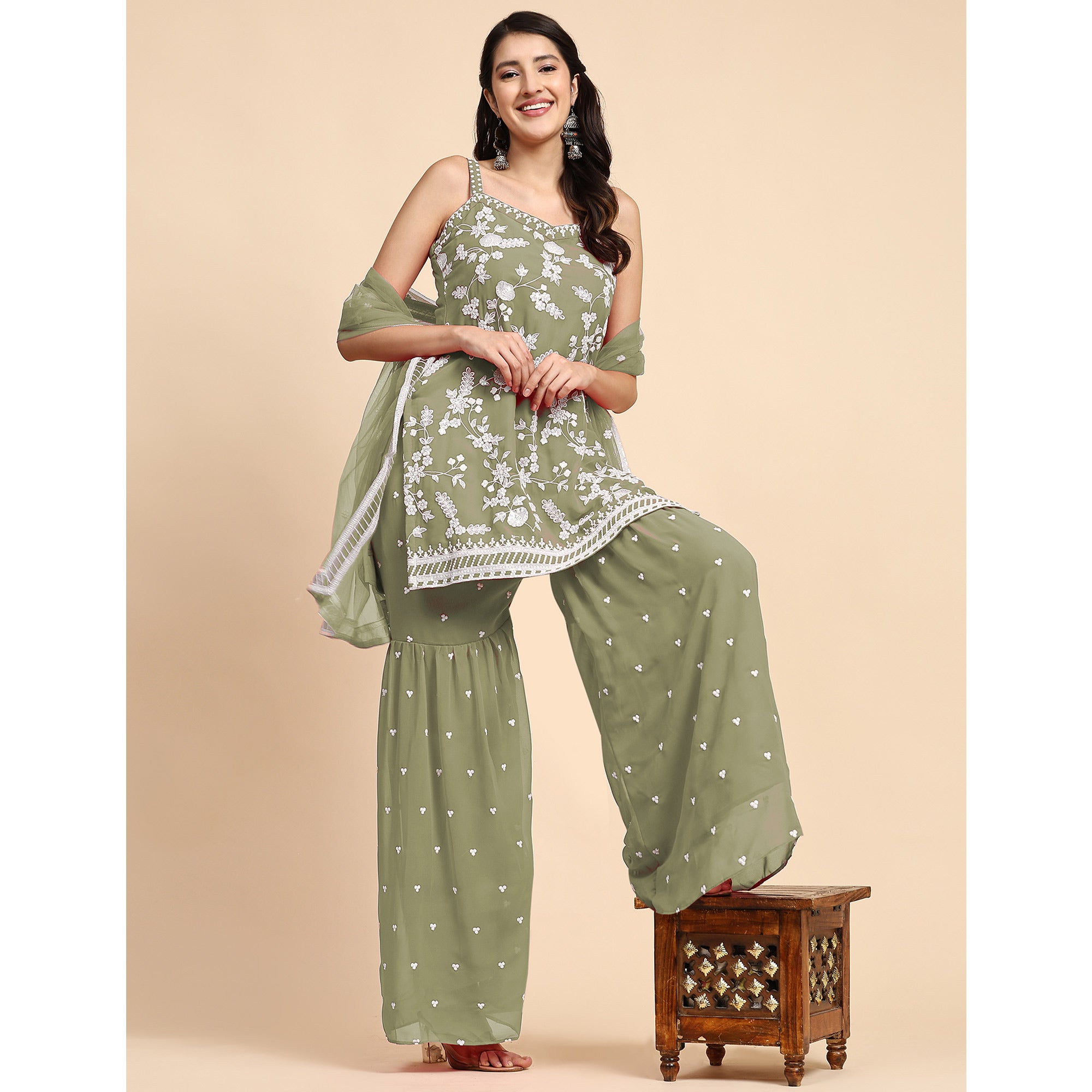 Green Floral Sequins Embroidered Georgette Semi Stitched Suit