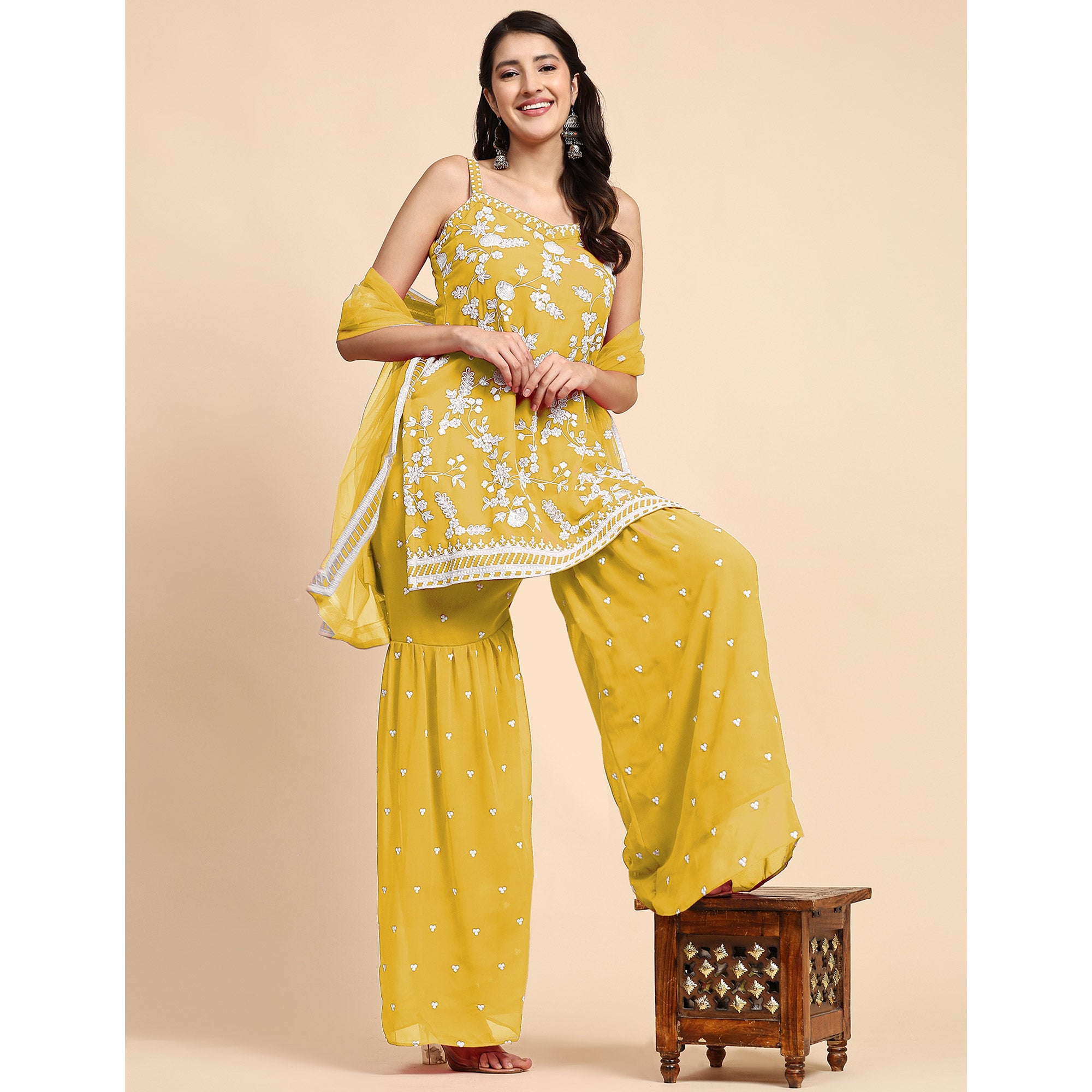 Yellow Floral Sequins Embroidered Georgette Semi Stitched Suit