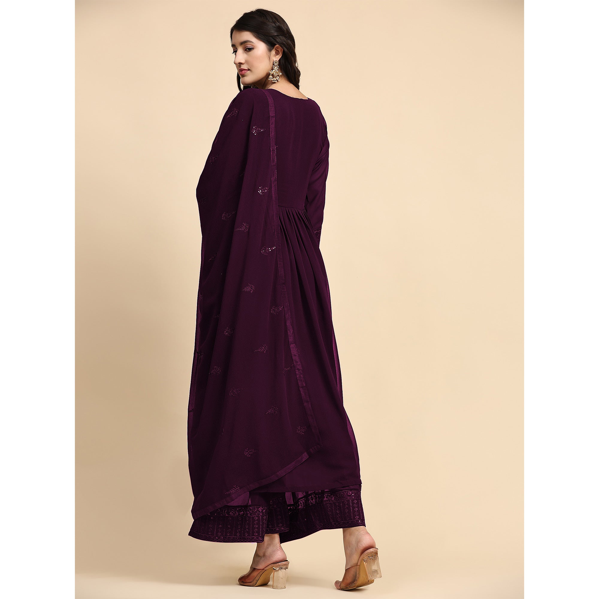 Wine Sequins Embroidered Georgette Semi Stitched Suit
