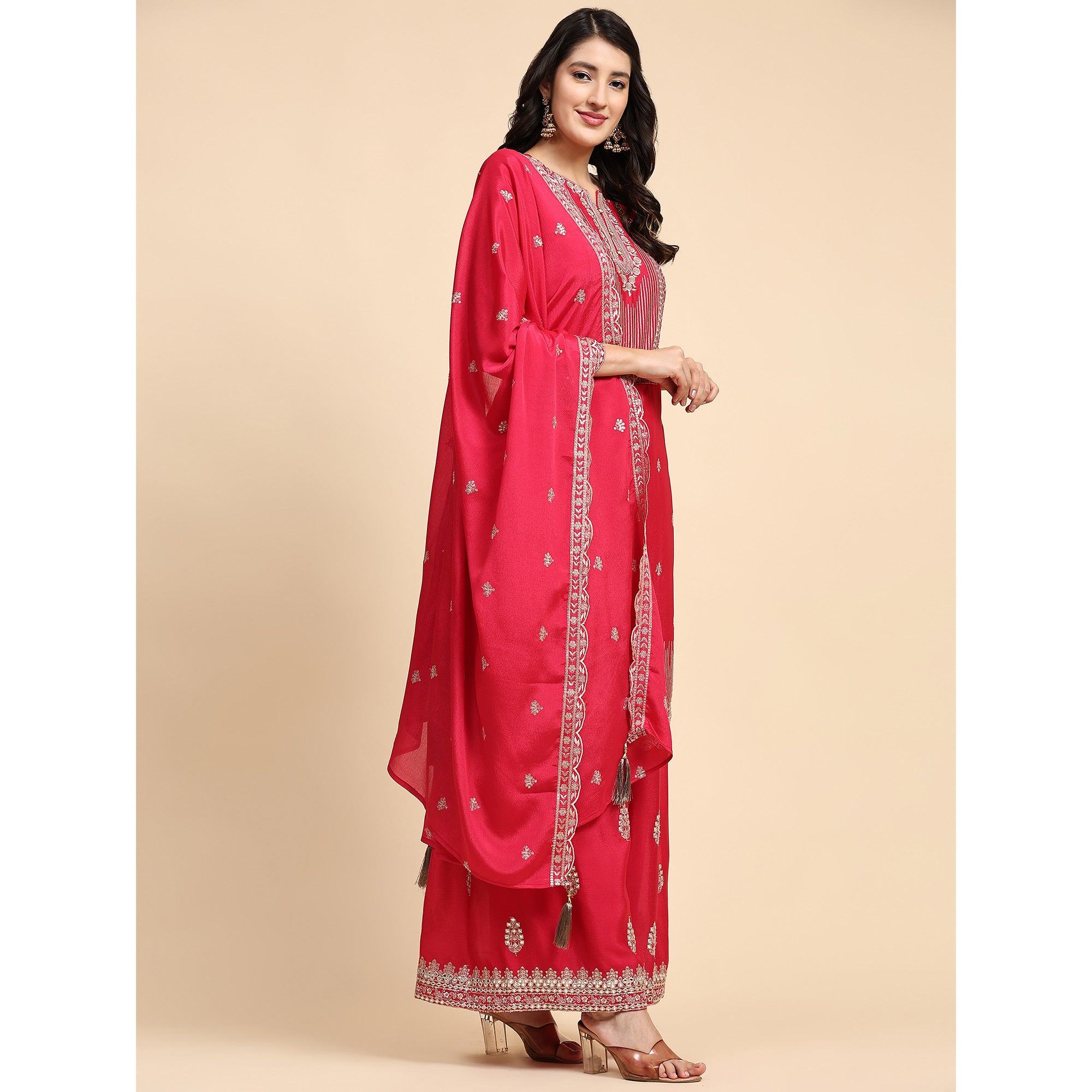 Pink Embroidered Chinon Semi Stitched Suit