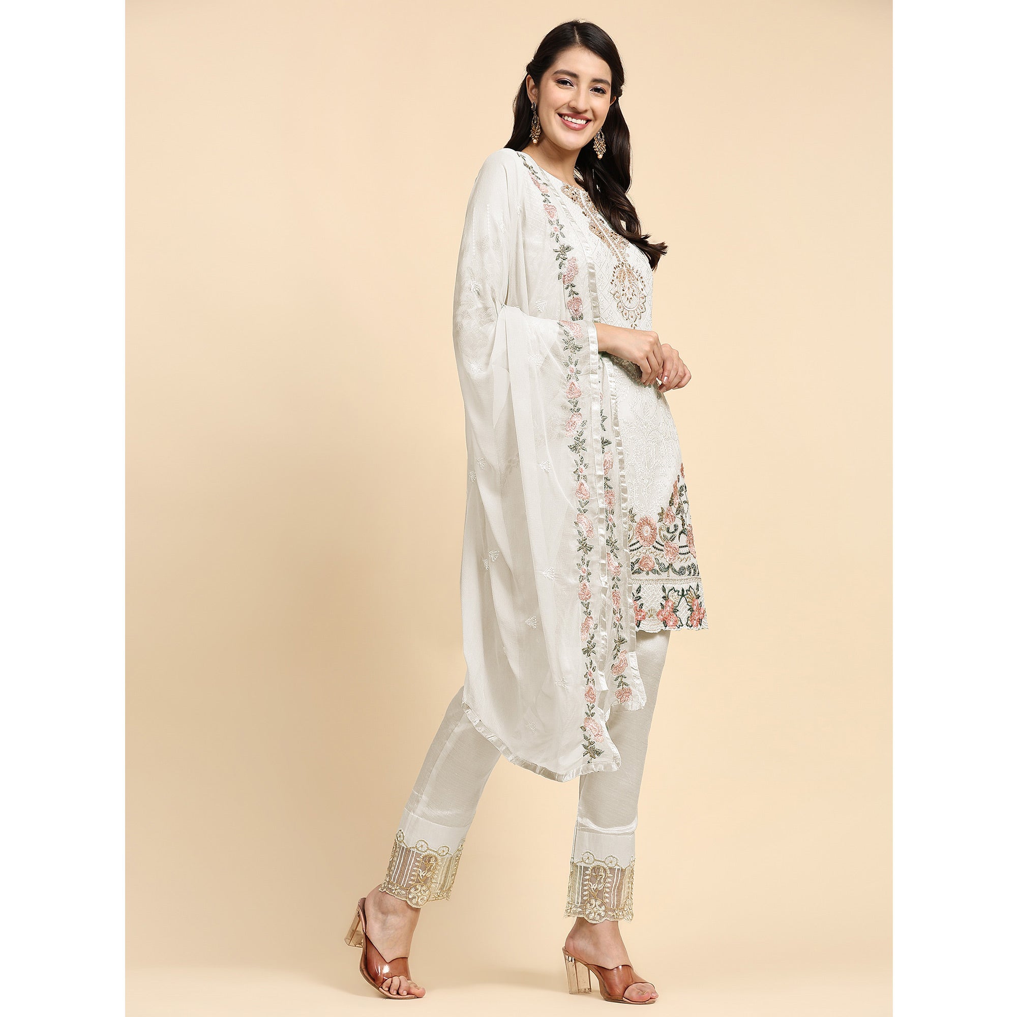 White Embroidered Georgette Semi Stitched Pakistani Suit