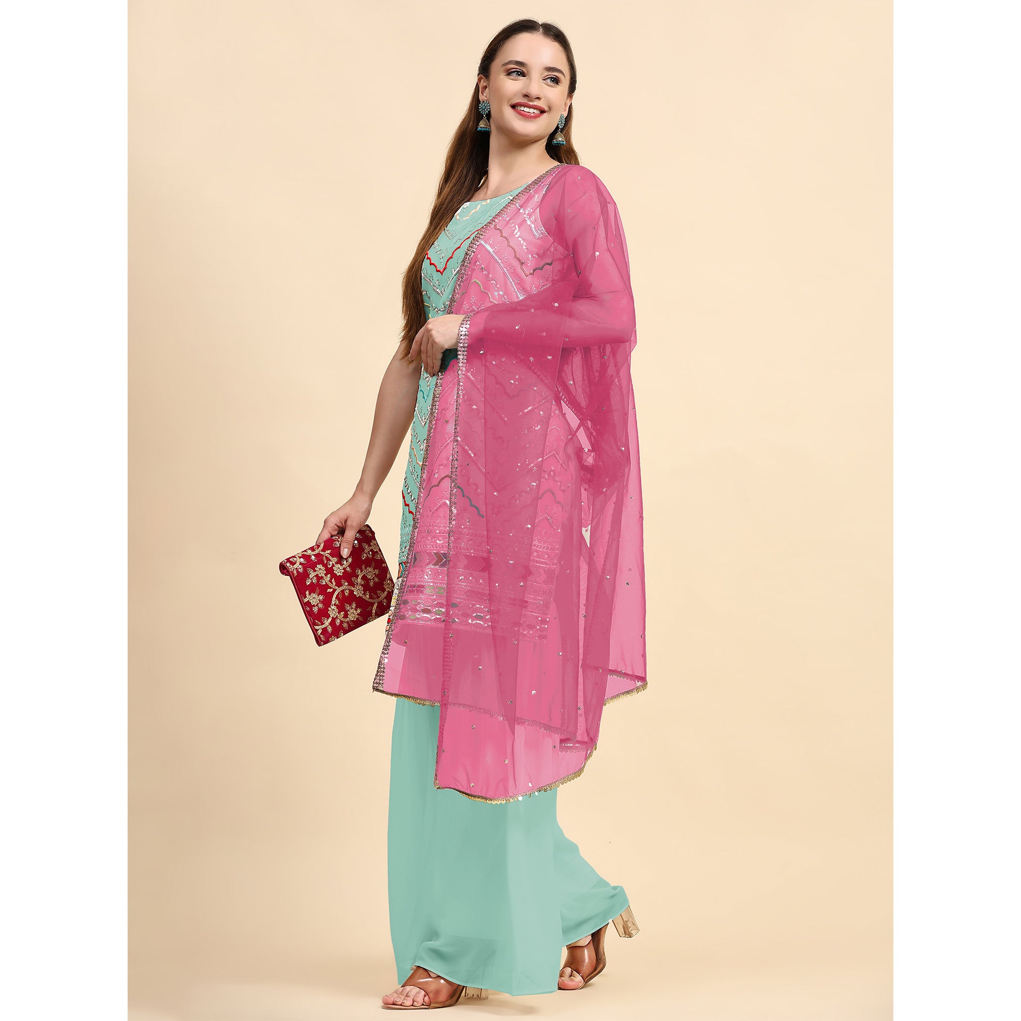 Blue Sequins Embroidered Georgette Semi Stitched Suit