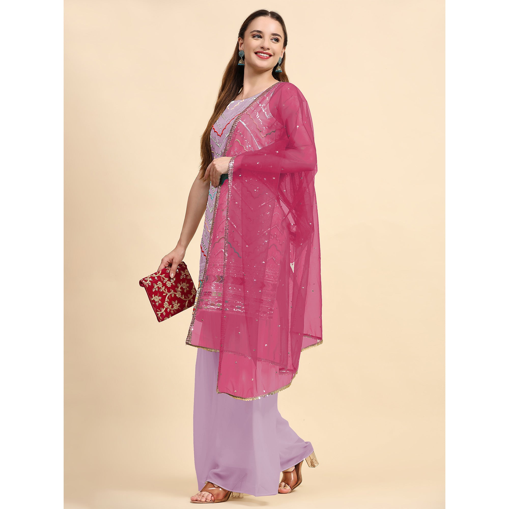 Purple Sequins Embroidered Georgette Semi Stitched Suit