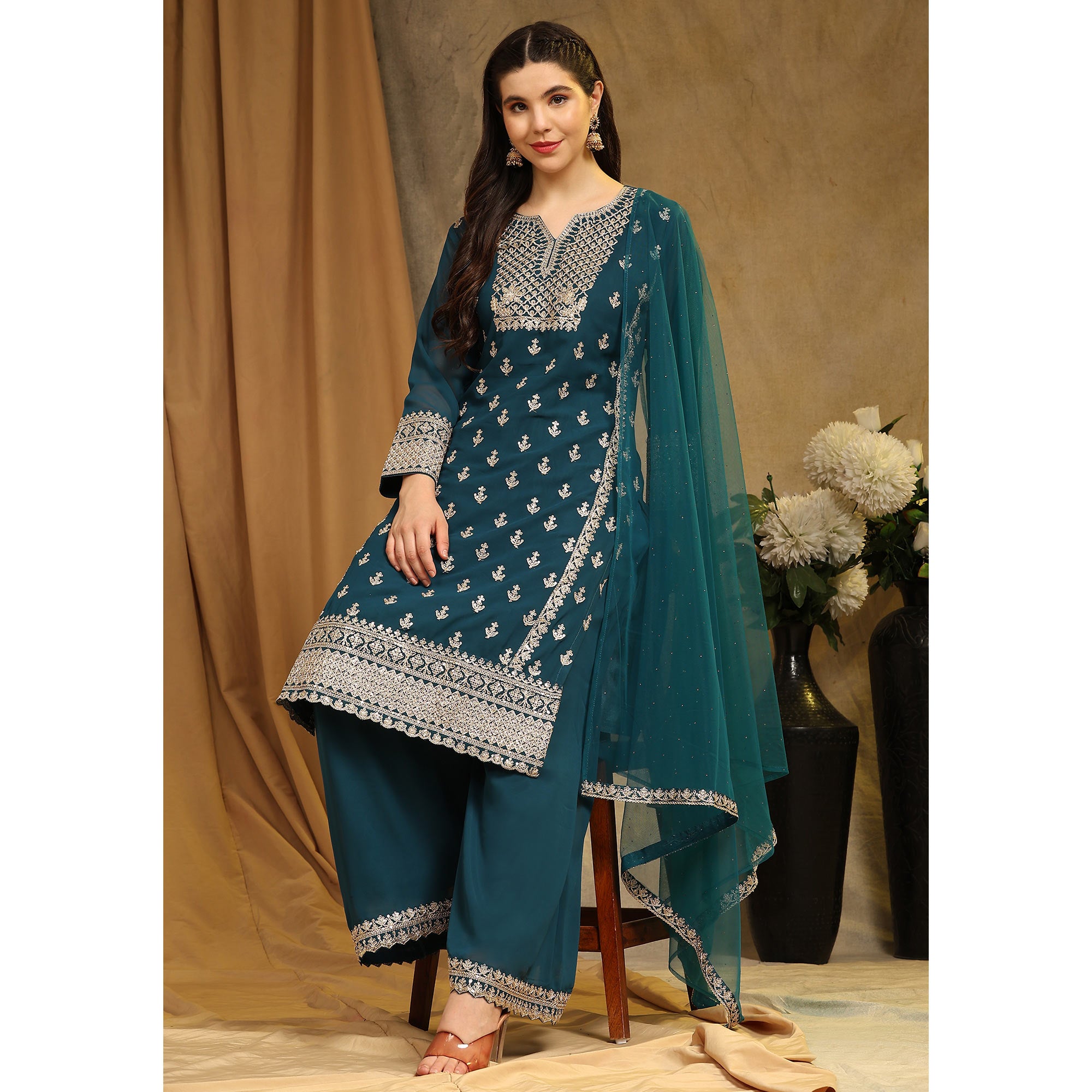 Morpich Floral Embroidered Georgette Semi Stitched Suit