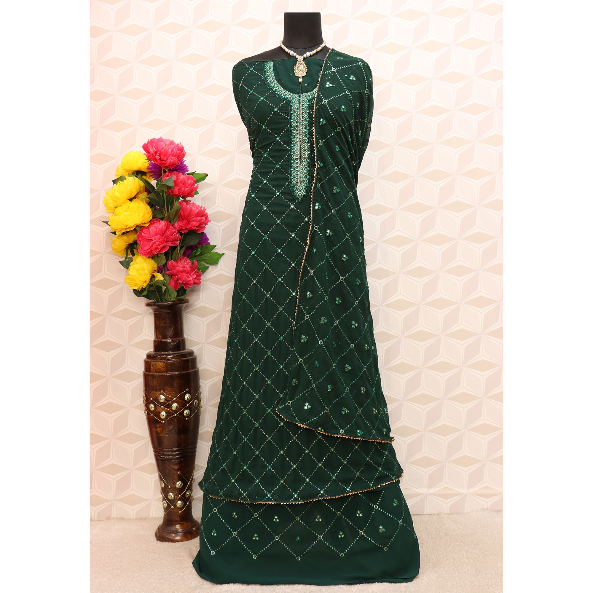 Green Sequins Embroidered Georgette Semi Stitched Palazzo Suit