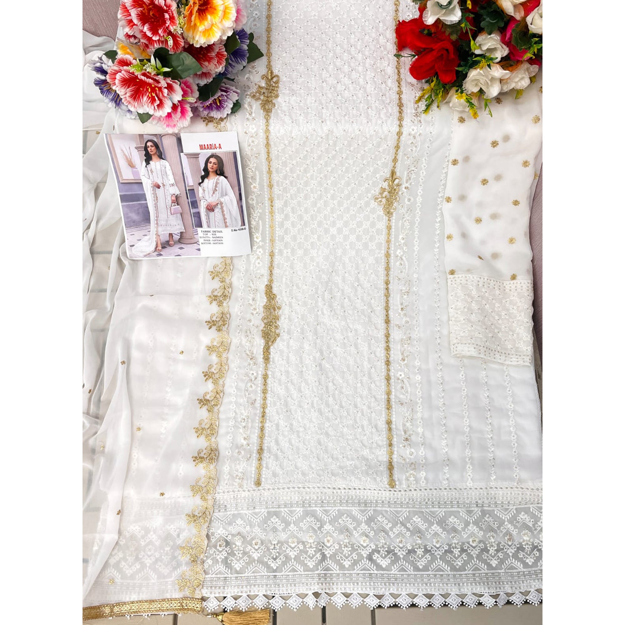 White Floral Embroidered Georgette Semi Stitched Pakistani Suit